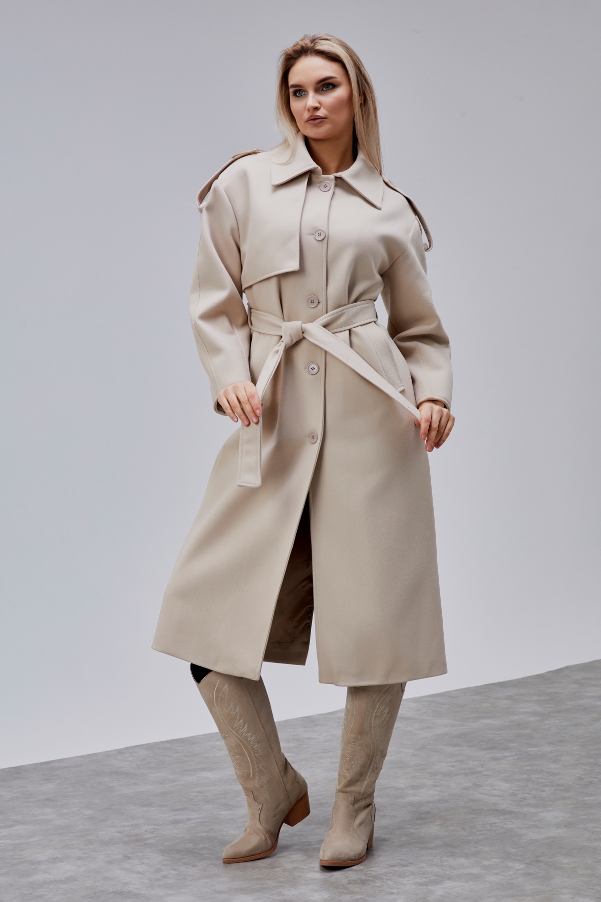 Bolivente  Marvella Bej Premium Apoletli Rüzgarlık Detaylı Kaşe Kaban - Görsel 2