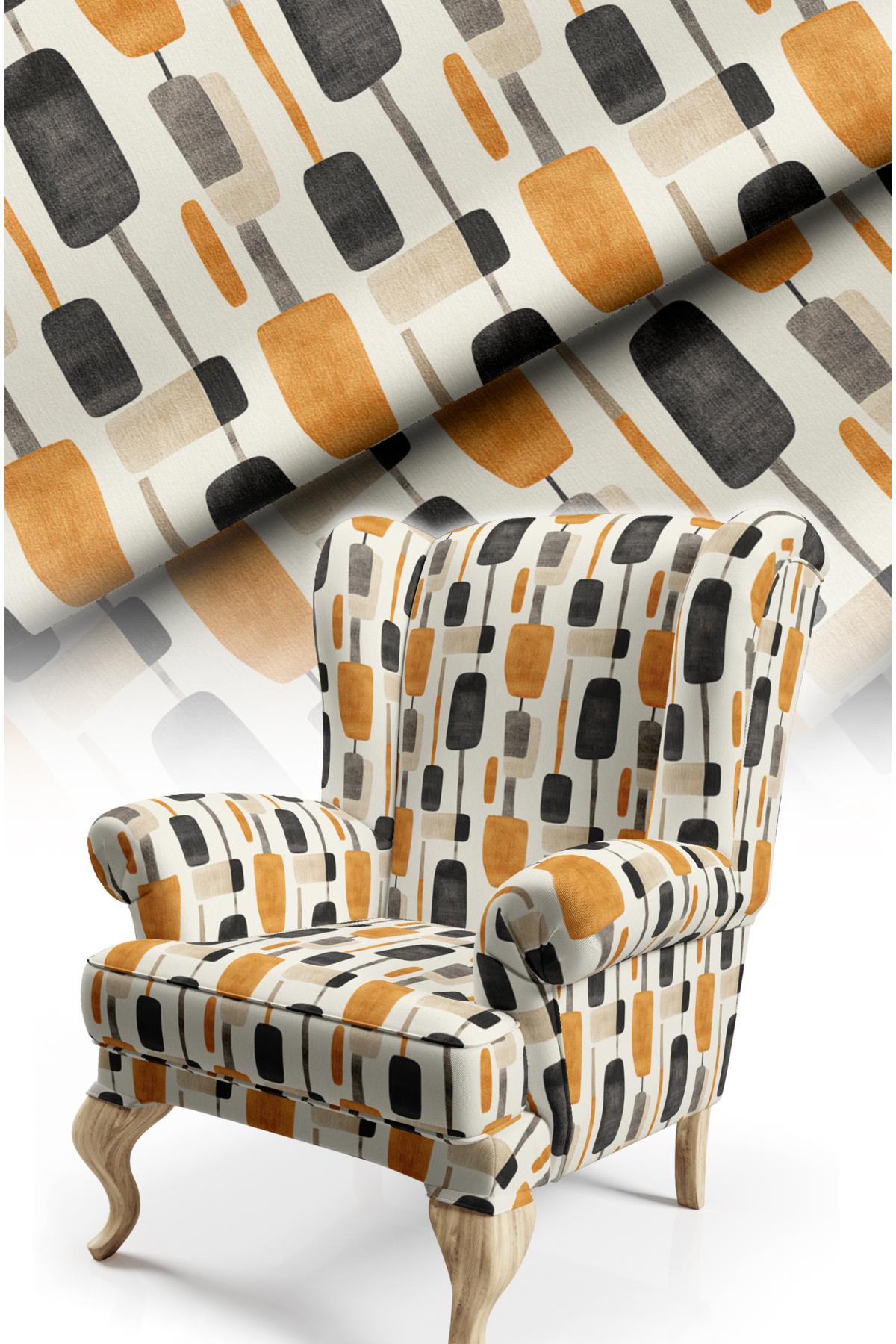Modern Abstract Patterned Black-Orange Cotton Lined Thick Rashel Upholstery Fabric 140Cm width