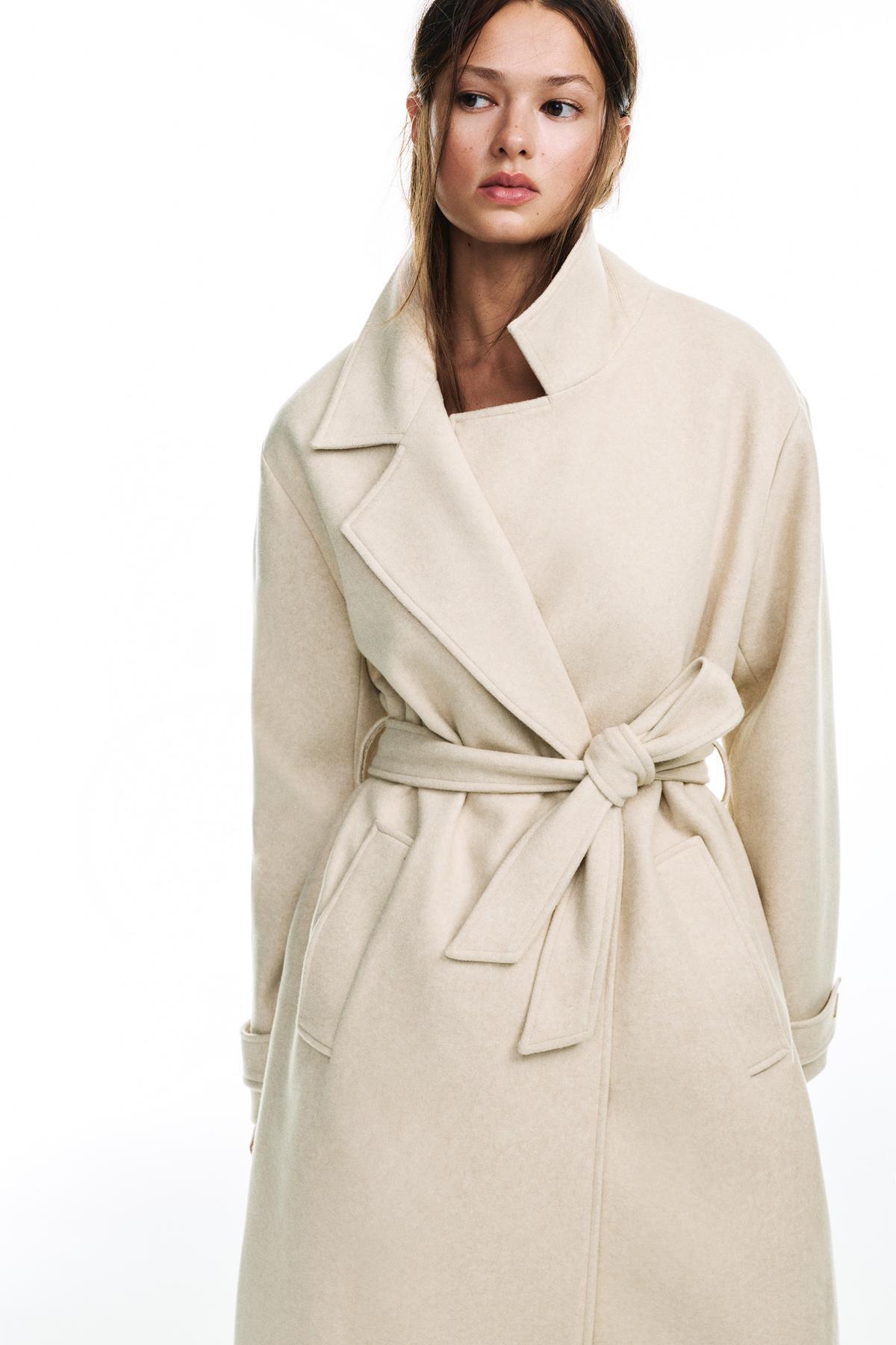 Pull & Bear  Kemerli uzun kaşe kaban - Görsel 4