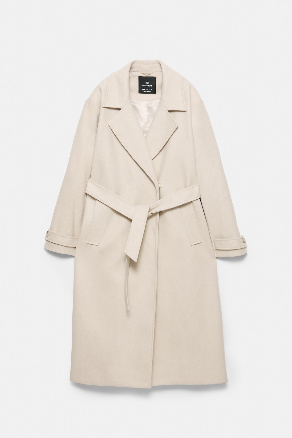 Pull & Bear  Kemerli uzun kaşe kaban - Görsel 5