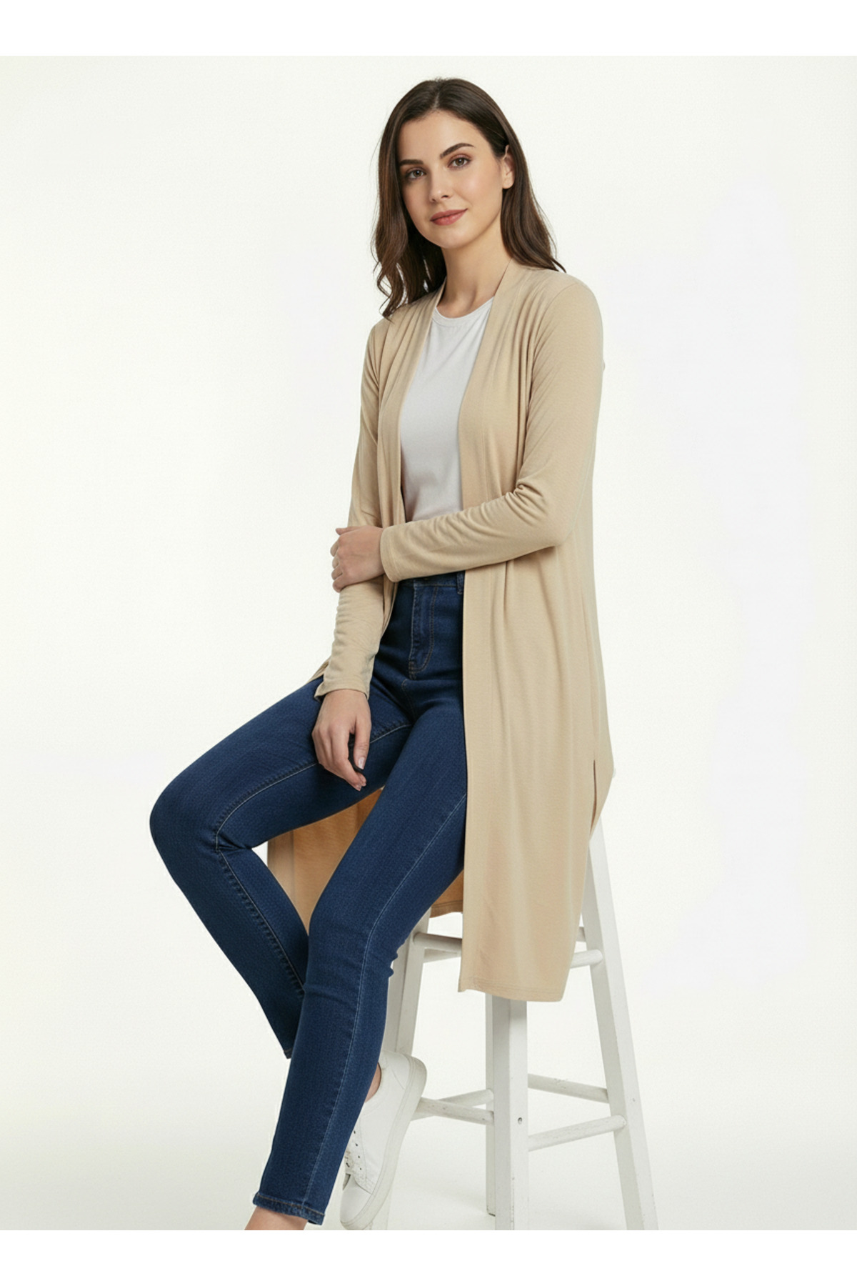 Women's STONE Color Long Slit Basic Cardigan
