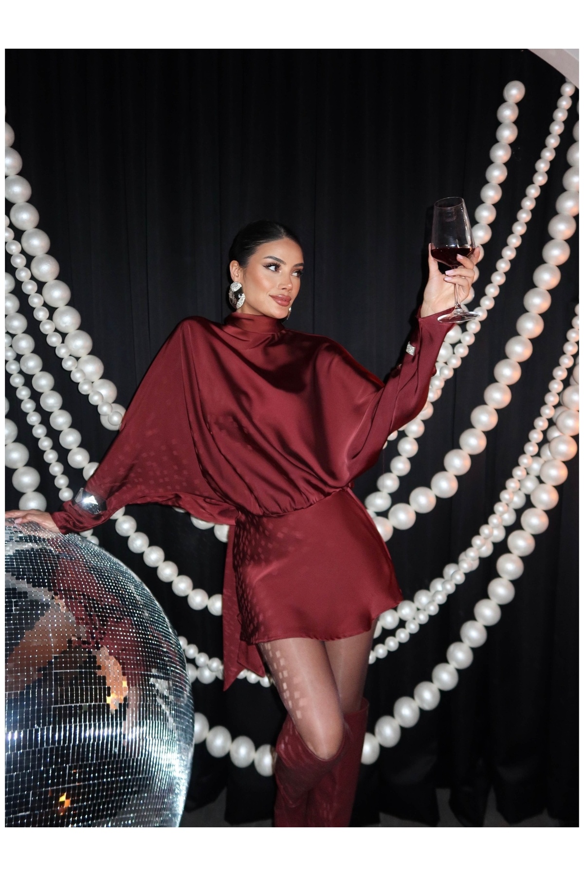 ESRAHELVACI Dik Yaka Saten Mini Elbise