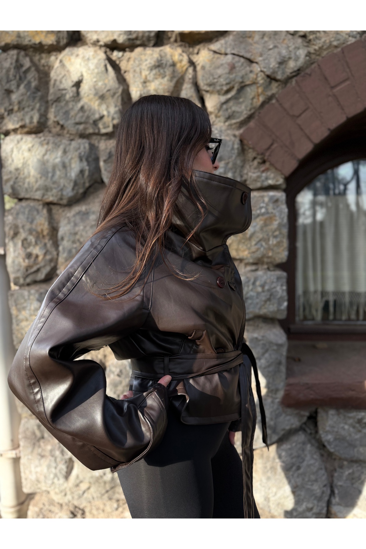 NET OF NOT  Yeni Sezon Kahverengi Kruvaze Düğmeli Deri Ceket - Görsel 4