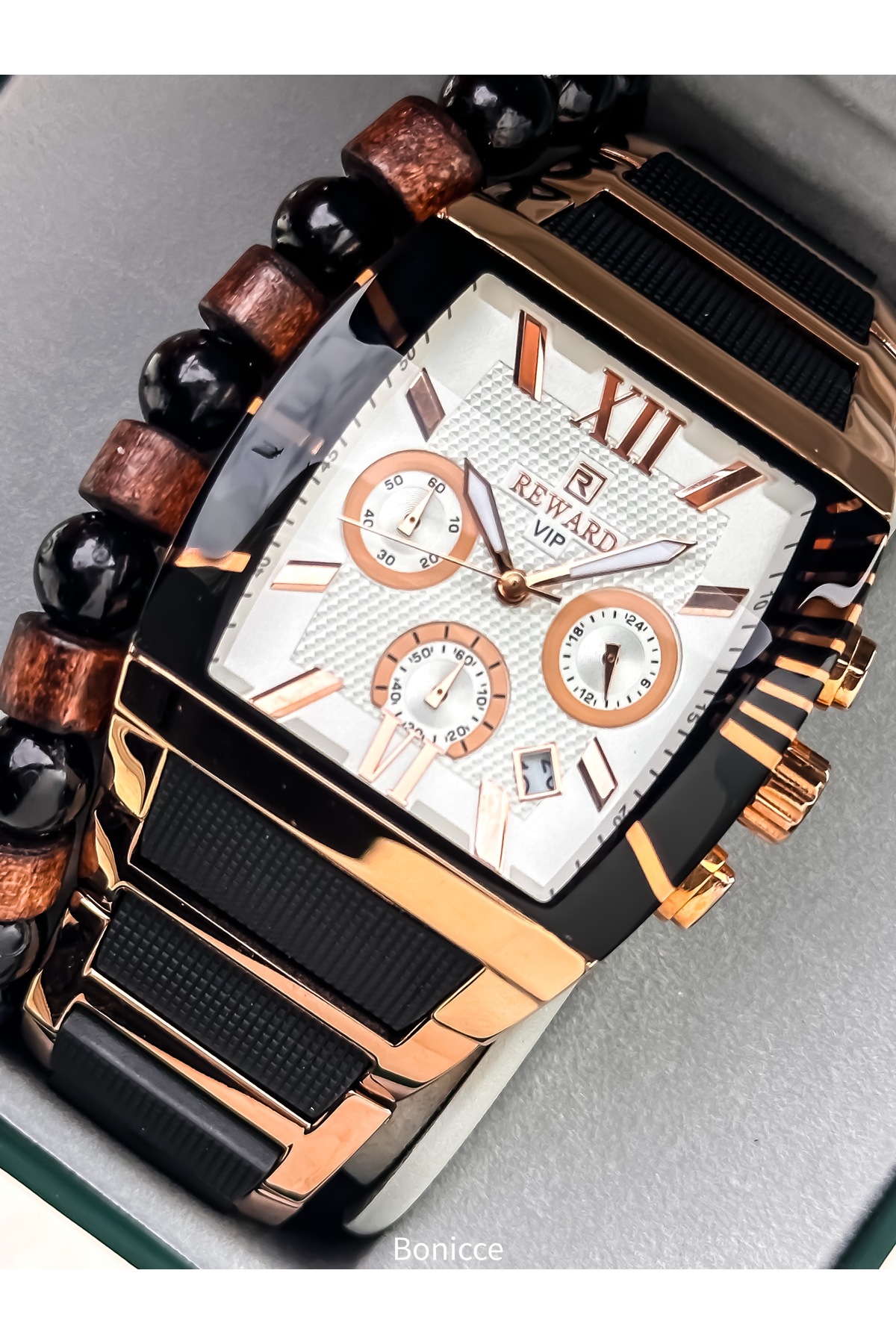 ساعت مردانه، بند فولادی-سیلیکونی، عملکردهای فعال، رنگ سبز، دارای تقویم، در جعبه شیک، دستبند هدیه