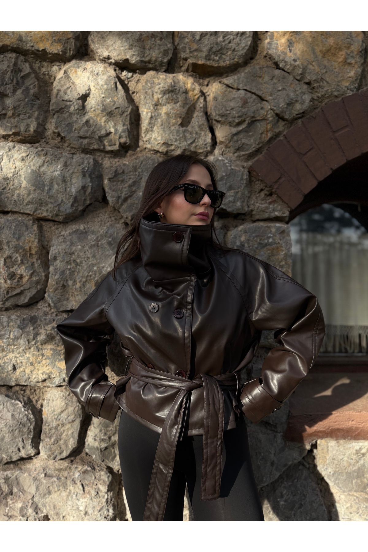 NET OF NOT  Yeni Sezon Kahverengi Kruvaze Düğmeli Deri Ceket - Görsel 3