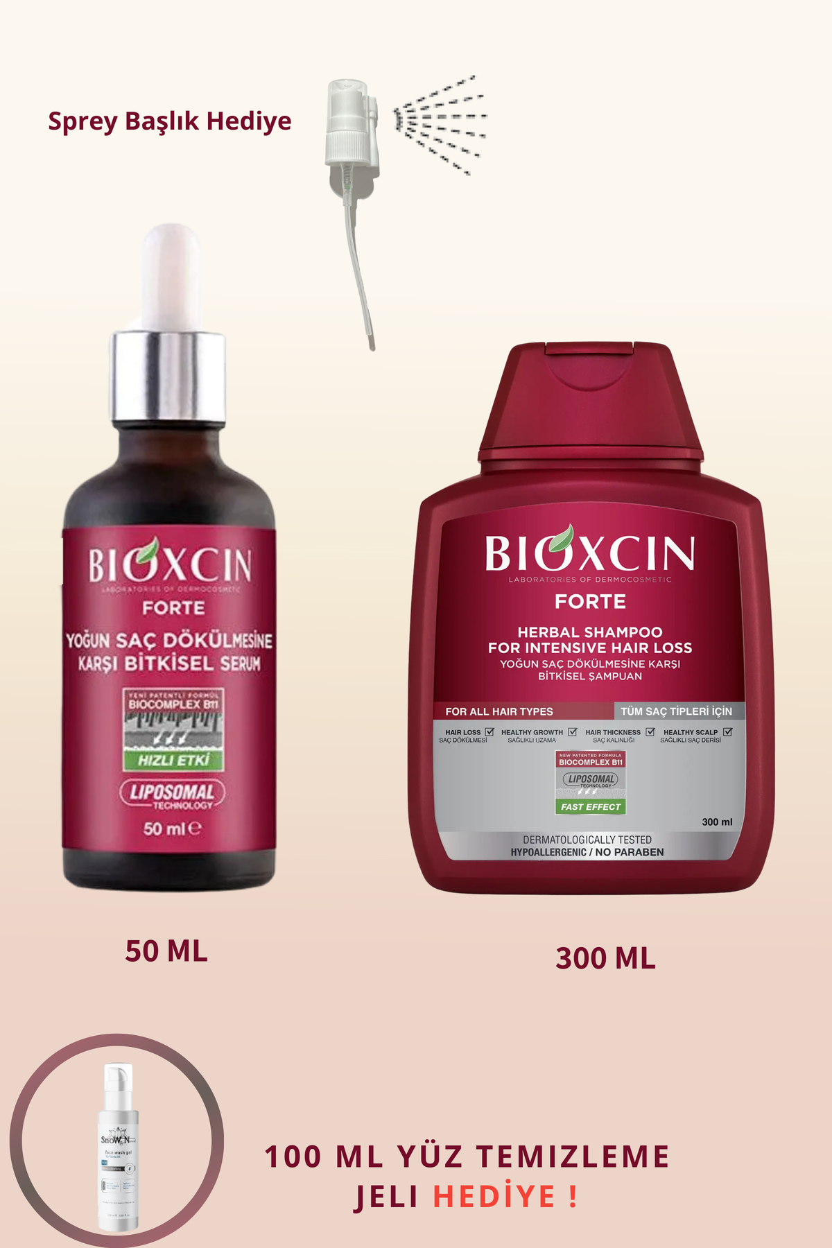 Bioxcin Yoğun Saç Dökülmesine Karşı (Forte Serum 50ML + Forte Şampuan 300ML) + 100ML YÜZ YIKAMA JELİ — DLNYTCRT-FORTE50ML300MLJELLİ1524