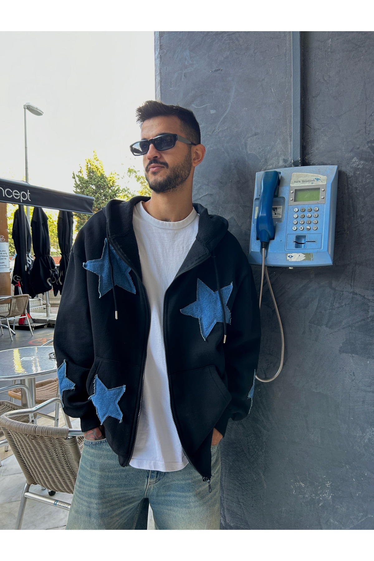KOTOLOG Unisex Y2k Siyah Stars Hırka Yıldız Detay Kapşon Fermuar görsel 2