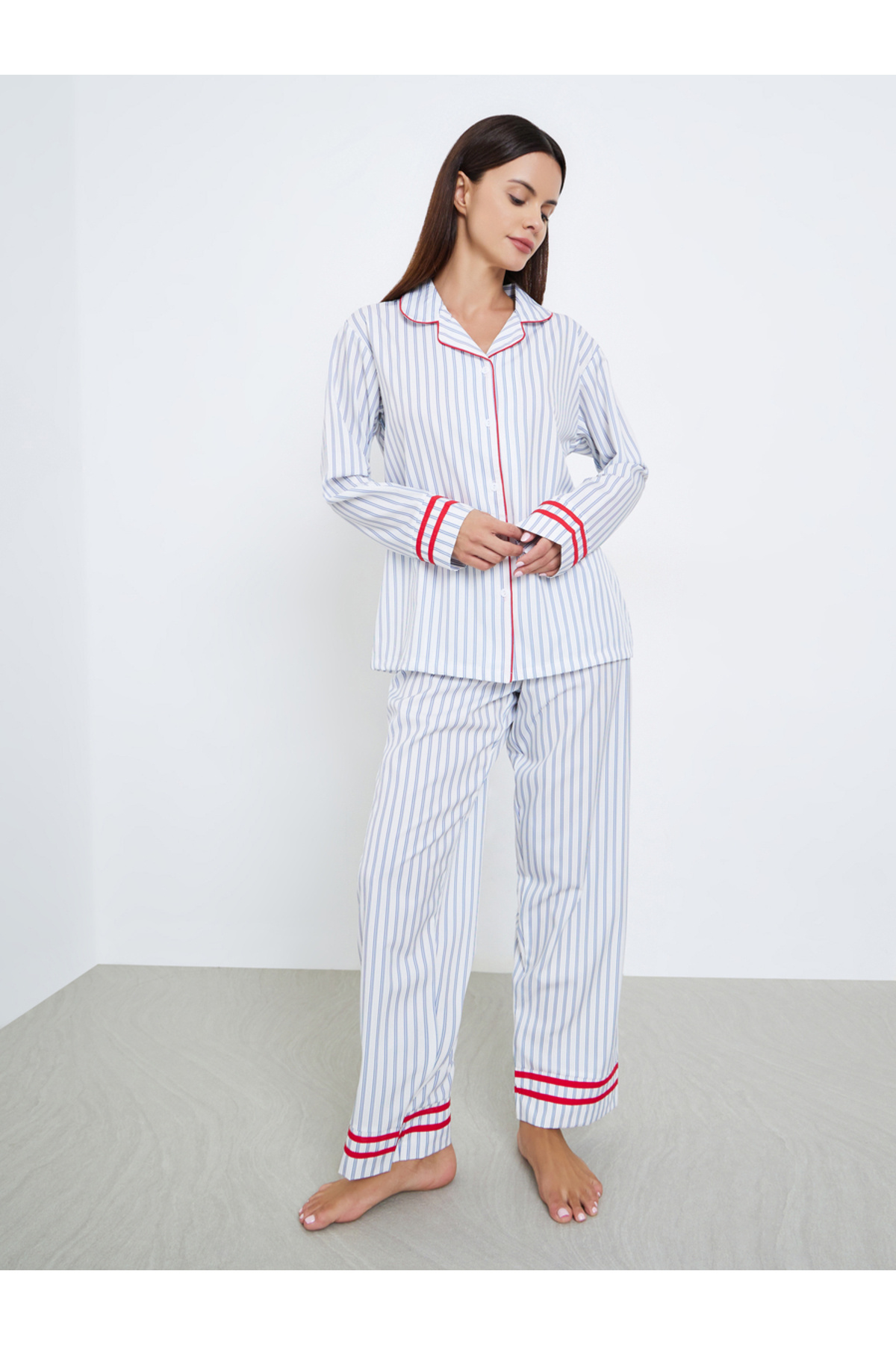 Styli Striped Contrast Trim Piping Shirt and Pyjama Set