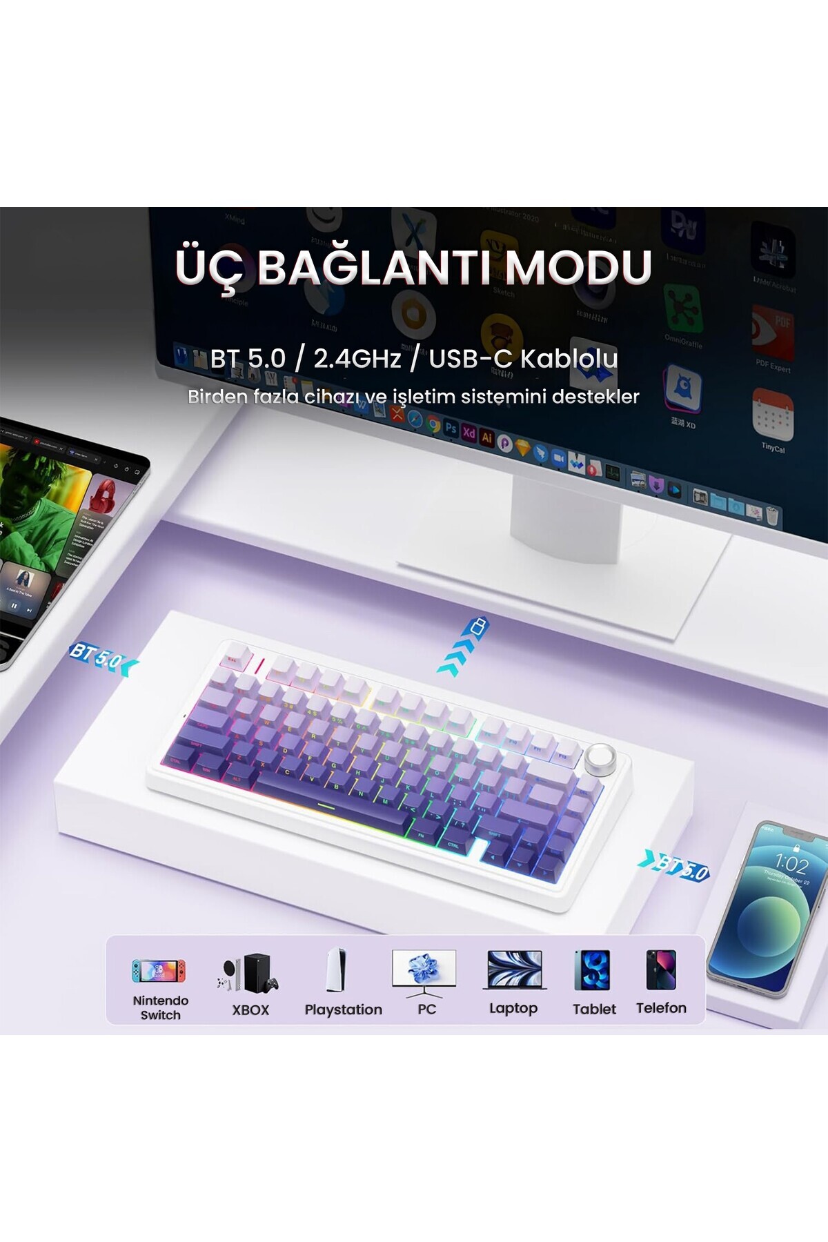کیبورد مکانیکی F75 RGB TKL سوئیچ Seiya بی‌سیم ماکرو دار Hot Swap رنگ گرادیان بنفش