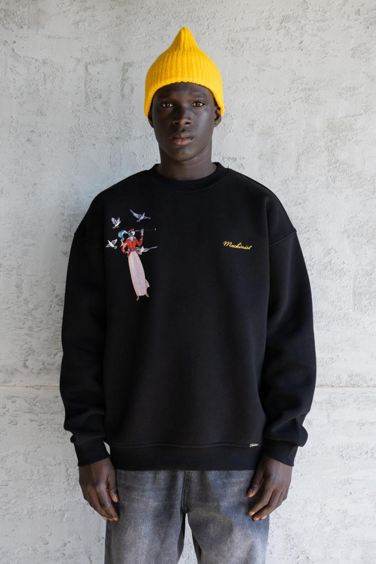 Machinist Erkek Figür Nakışlı Şardonlu Sweatshirt Siyah