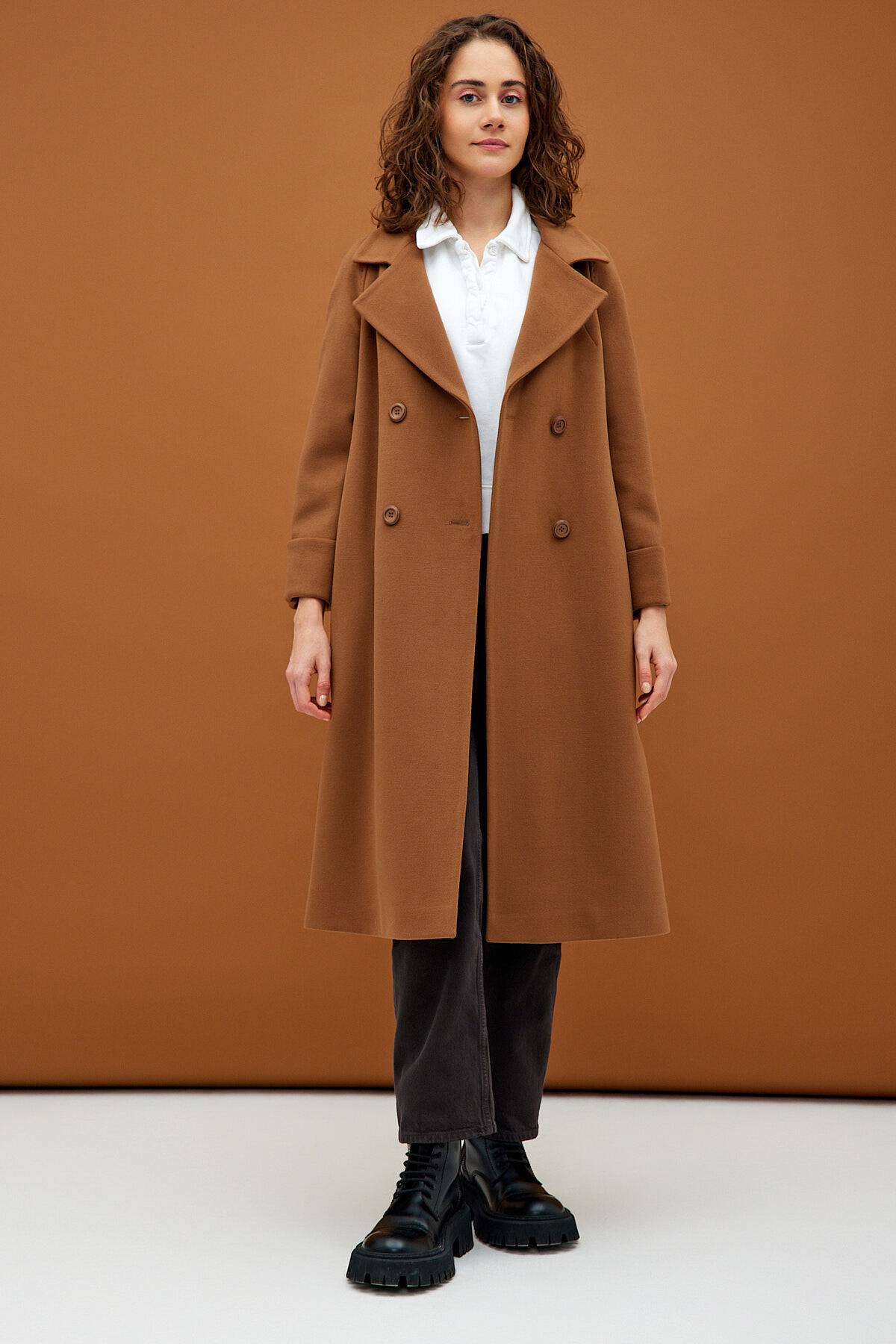 Tan Double Buttoned Pocket Long Coat with Belt