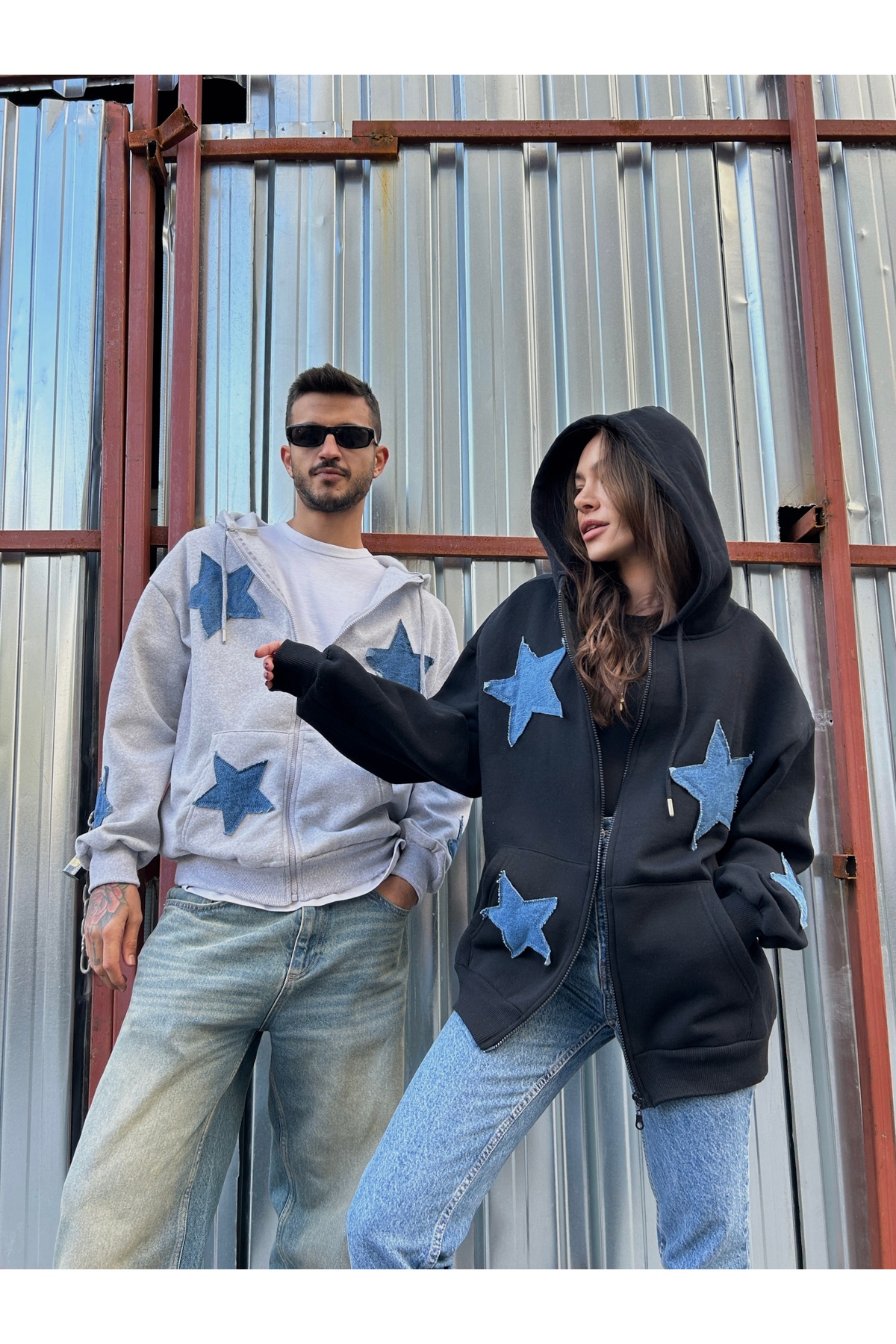 KOTOLOG Unisex Y2k Siyah Stars Hırka Yıldız Detay Kapşon Fermuar görsel 6
