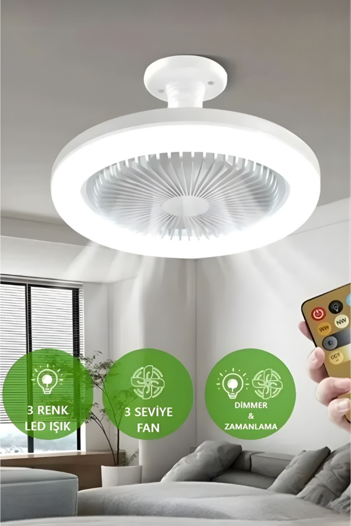 MyTechCat ® 3 Işık Modlu ve 3 Seviye Güçlü Fan Uzaktan Kumandalı, Sessiz, Led Işıklı Tavan Vantilatör
