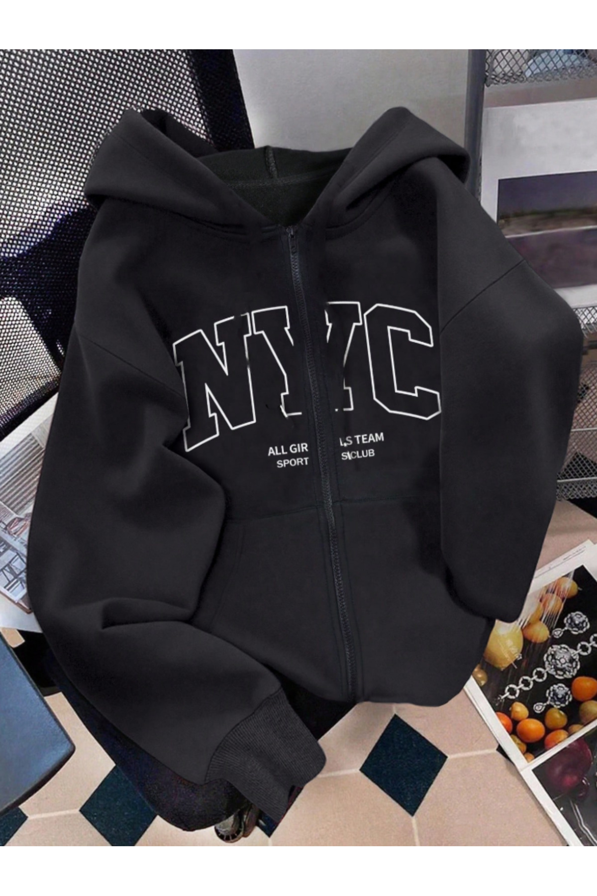 Oceanwear NYC Baskılı Kapüşonlu Şardonlu Sweatshirt Fermuarlı Hırka