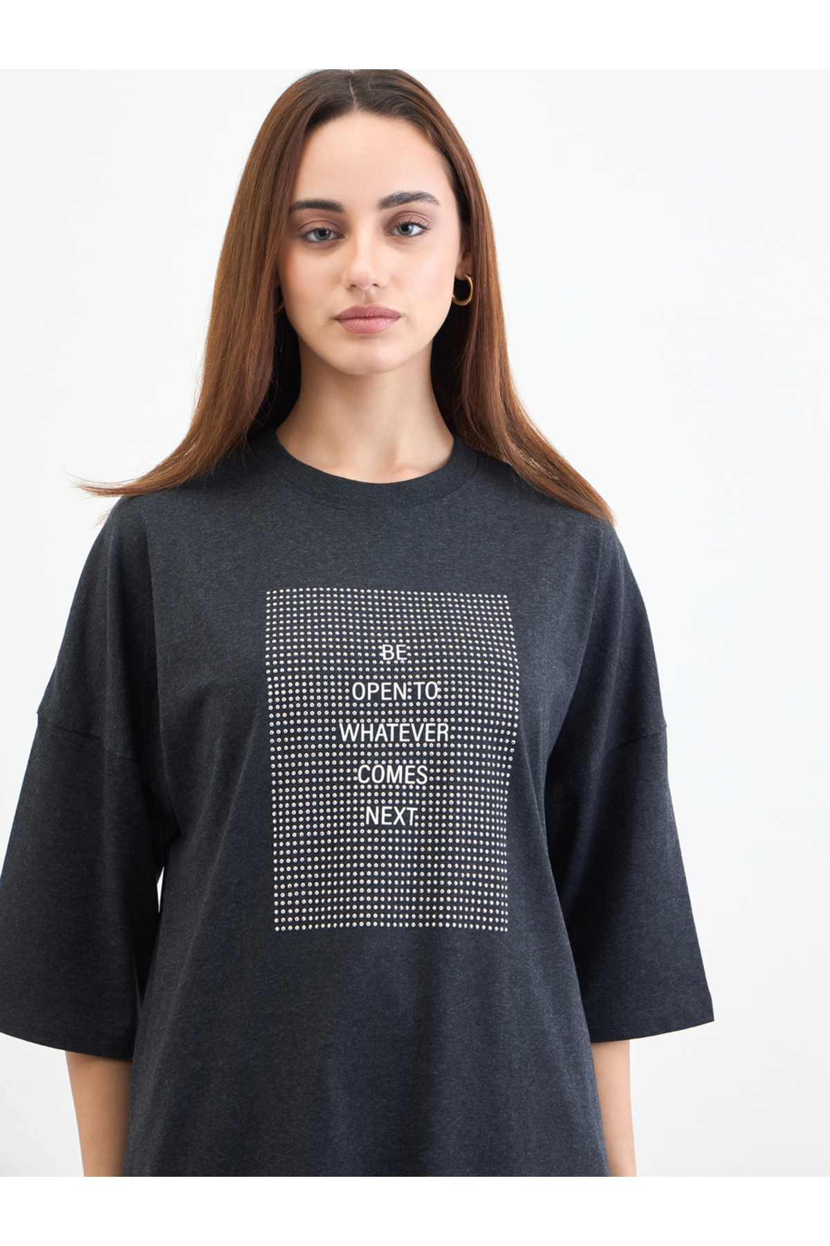 Styli Charcoal Slogan Oversized T-Shirt with 3/4 Sleeves