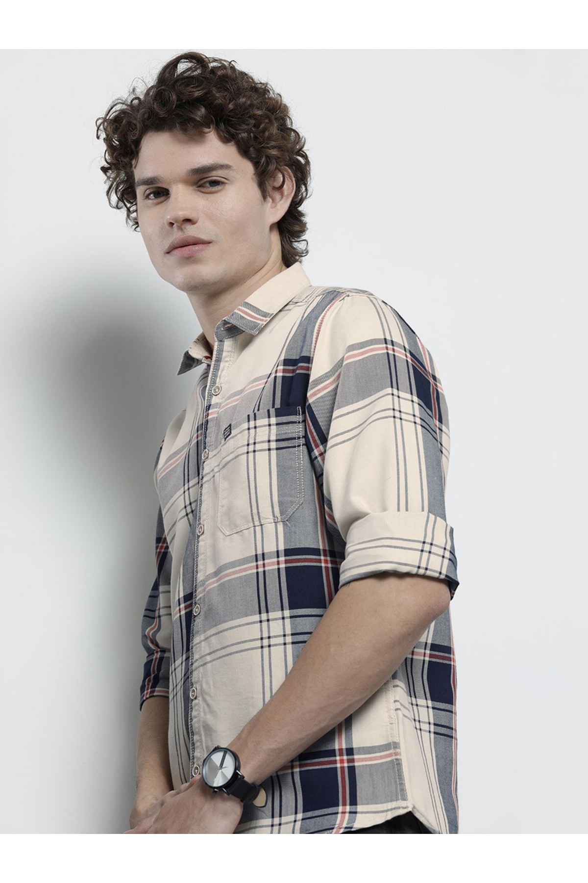 The Indian Garage Co By Styli Men Cream Checkered Slim Fit Shirt