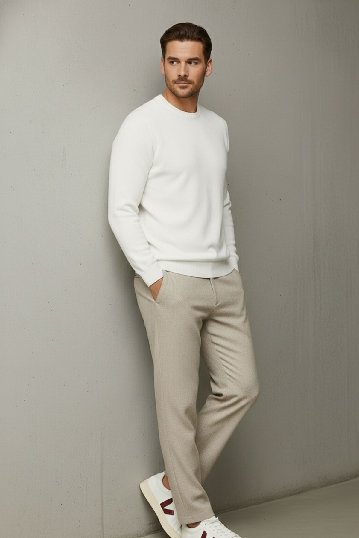 COMBİNE MİCHAİL  Erkek Bisiklet Yaka Salaş Ekru Triko Kazak - Görsel 6