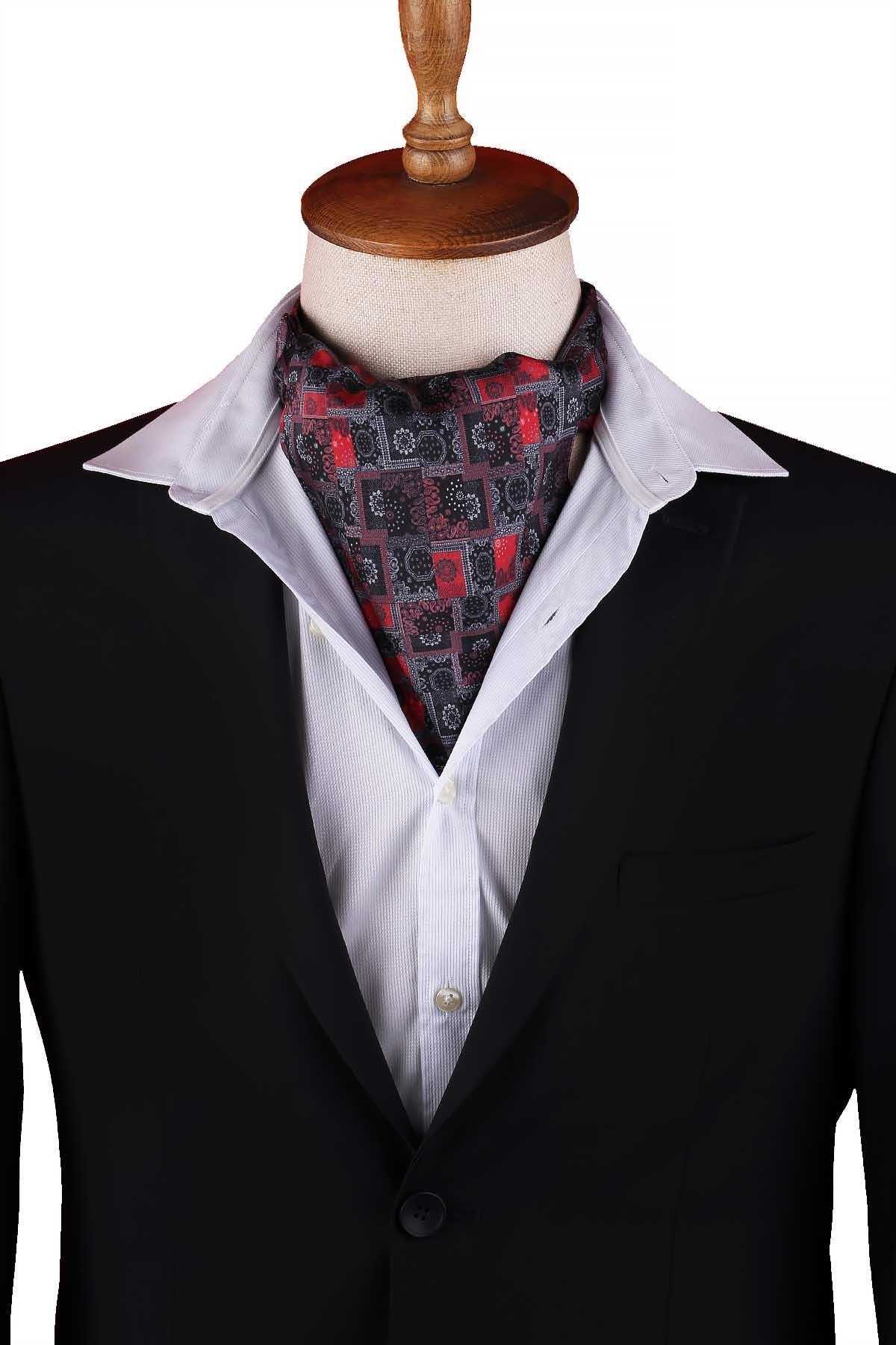  شال گردن مردانه طرح دار قرمز دودی خاکستری Ascot K672