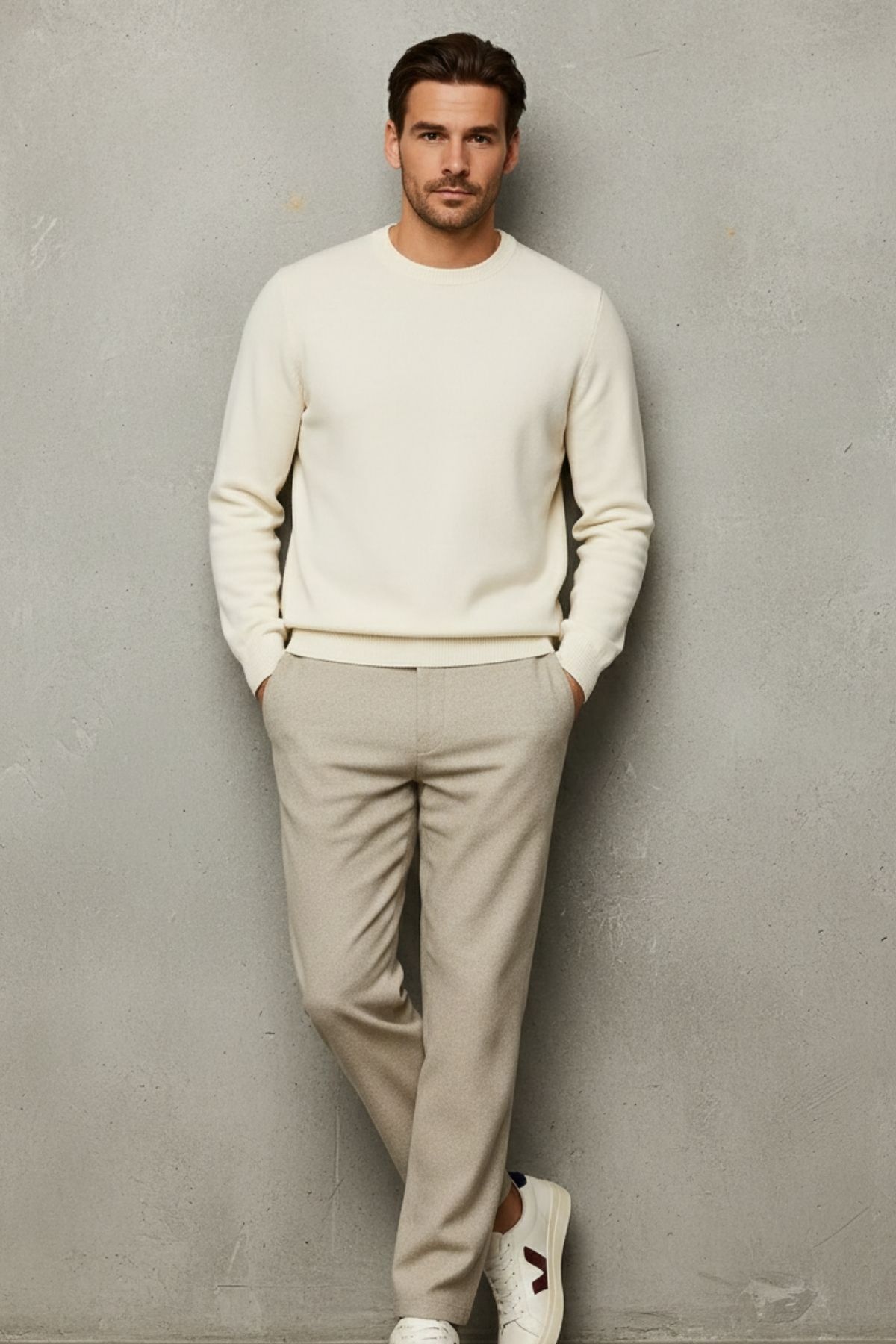 COMBİNE MİCHAİL  Erkek Bisiklet Yaka Salaş Krem Triko Kazak - Görsel 3