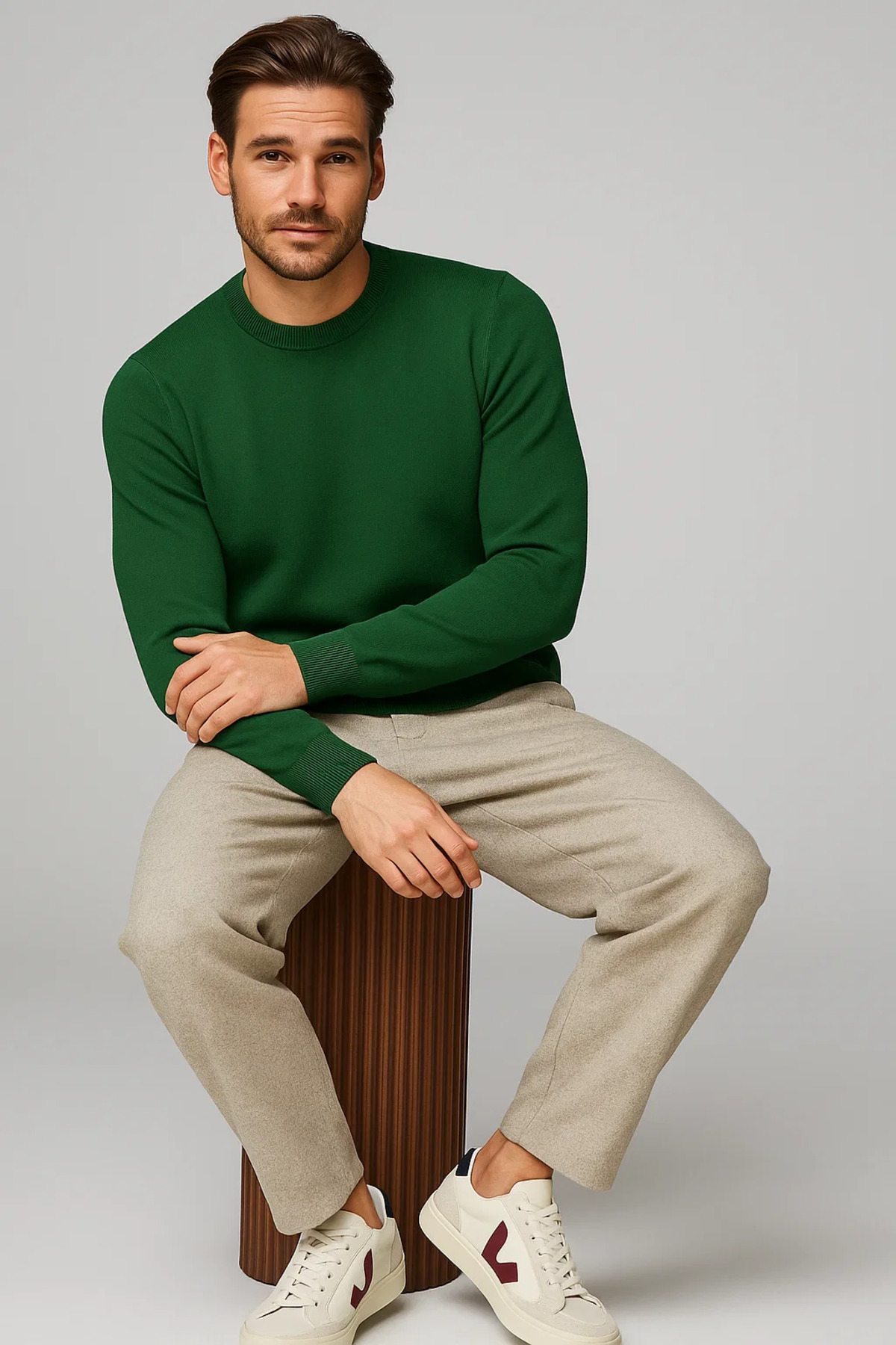Men's Crew Neck Loose Khaki Knitwear Sweater
