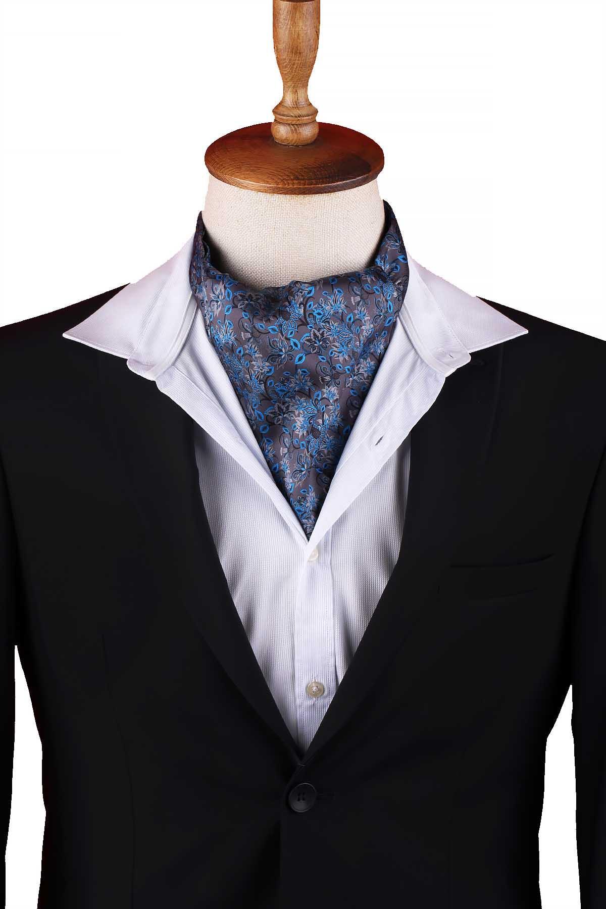  شال گردن مردانه طرح گلدار آبی دودی خاکستری Ascot K661