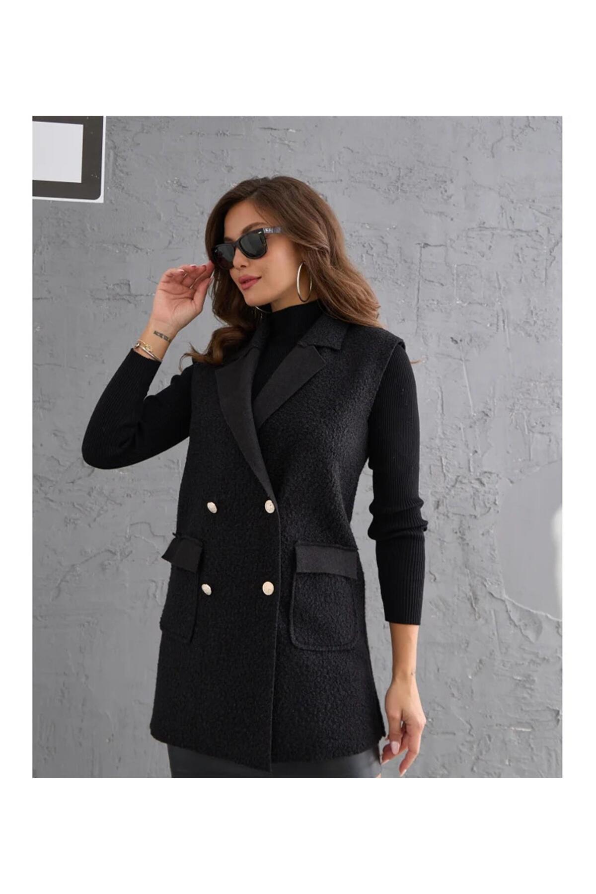 KULVAR TREND 7889 Buklet Kumaş Metal Düğmeli Tedy Yelek Siyah