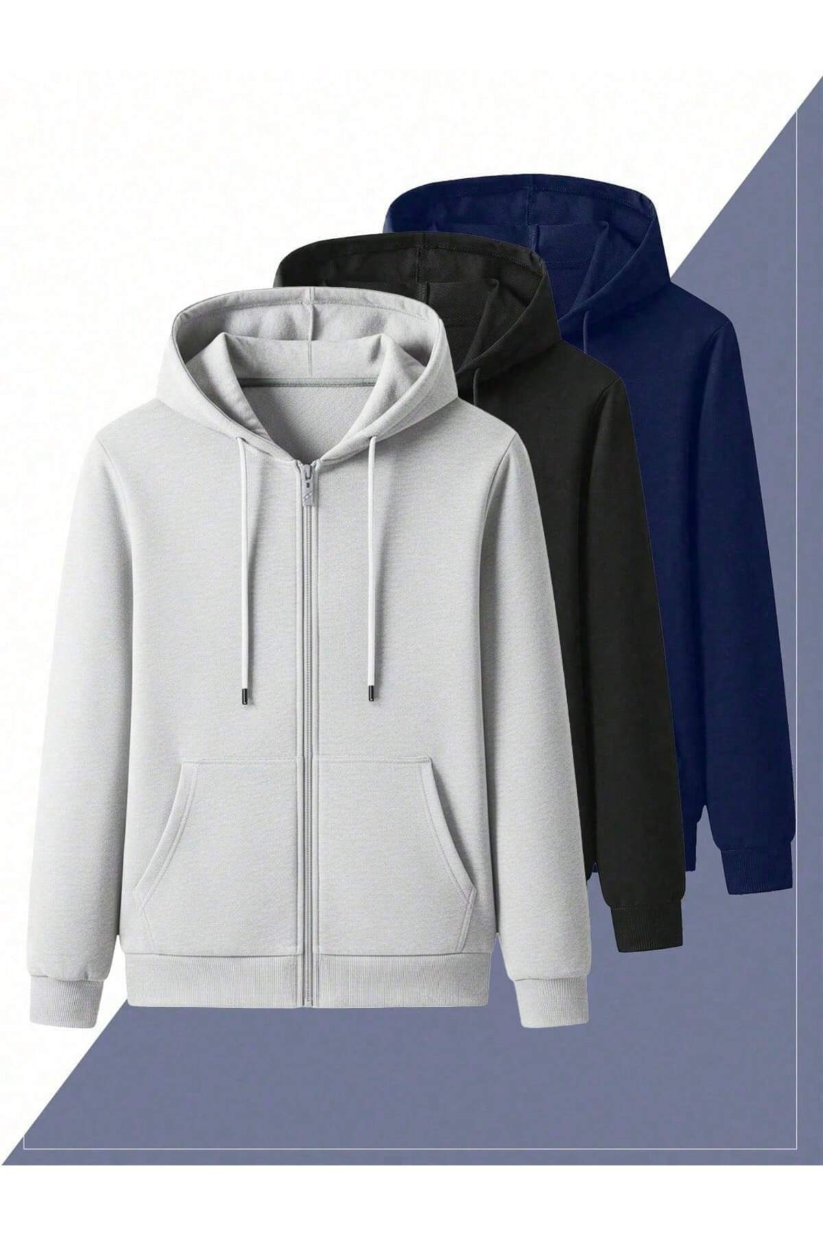 SPORTİVEA BÜYÜK BEDEN FERMUARLI KAPÜŞONLU 3 ADET SPOR ŞIK RAHAT SWEATSHİRT HIRKA