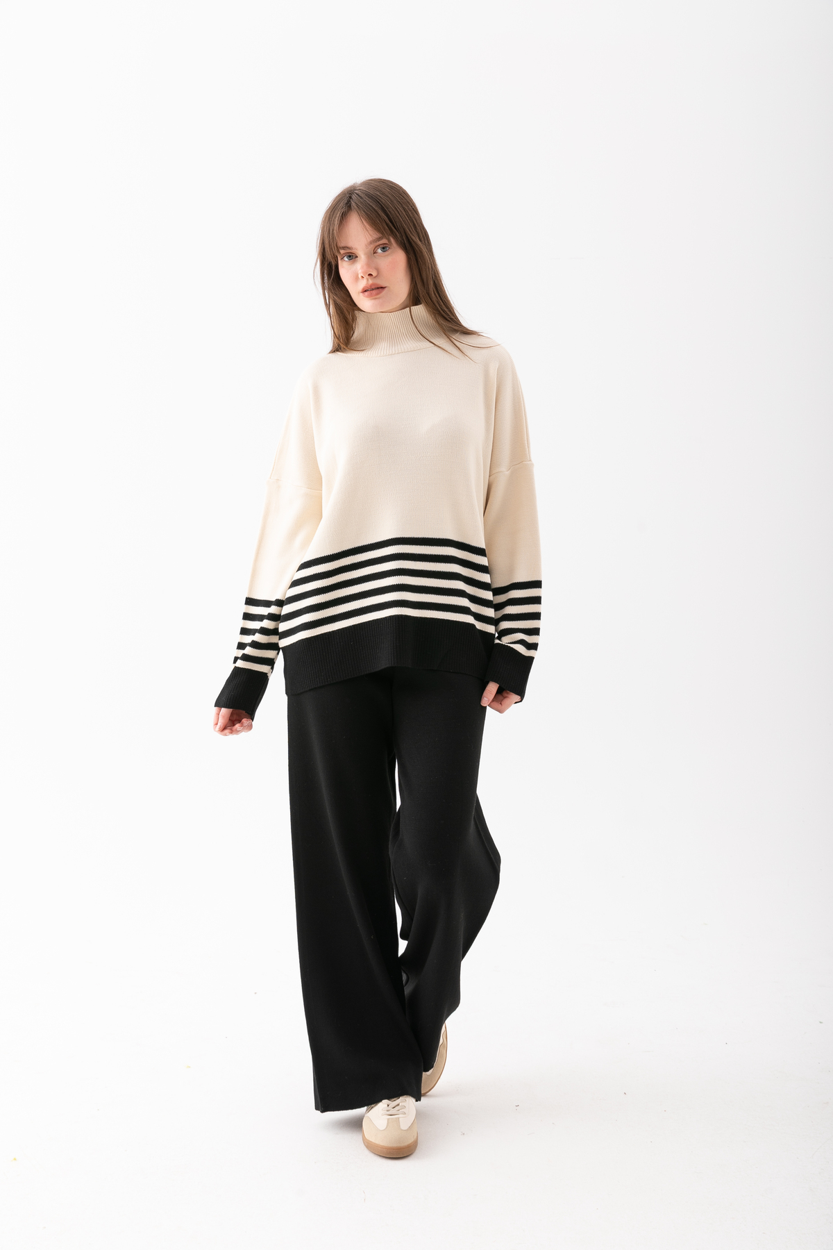 Women's Striped Patterned Knitwear Set, Bottom Top Knitwear Set, Knitwear Sweater Pants Double Set.
