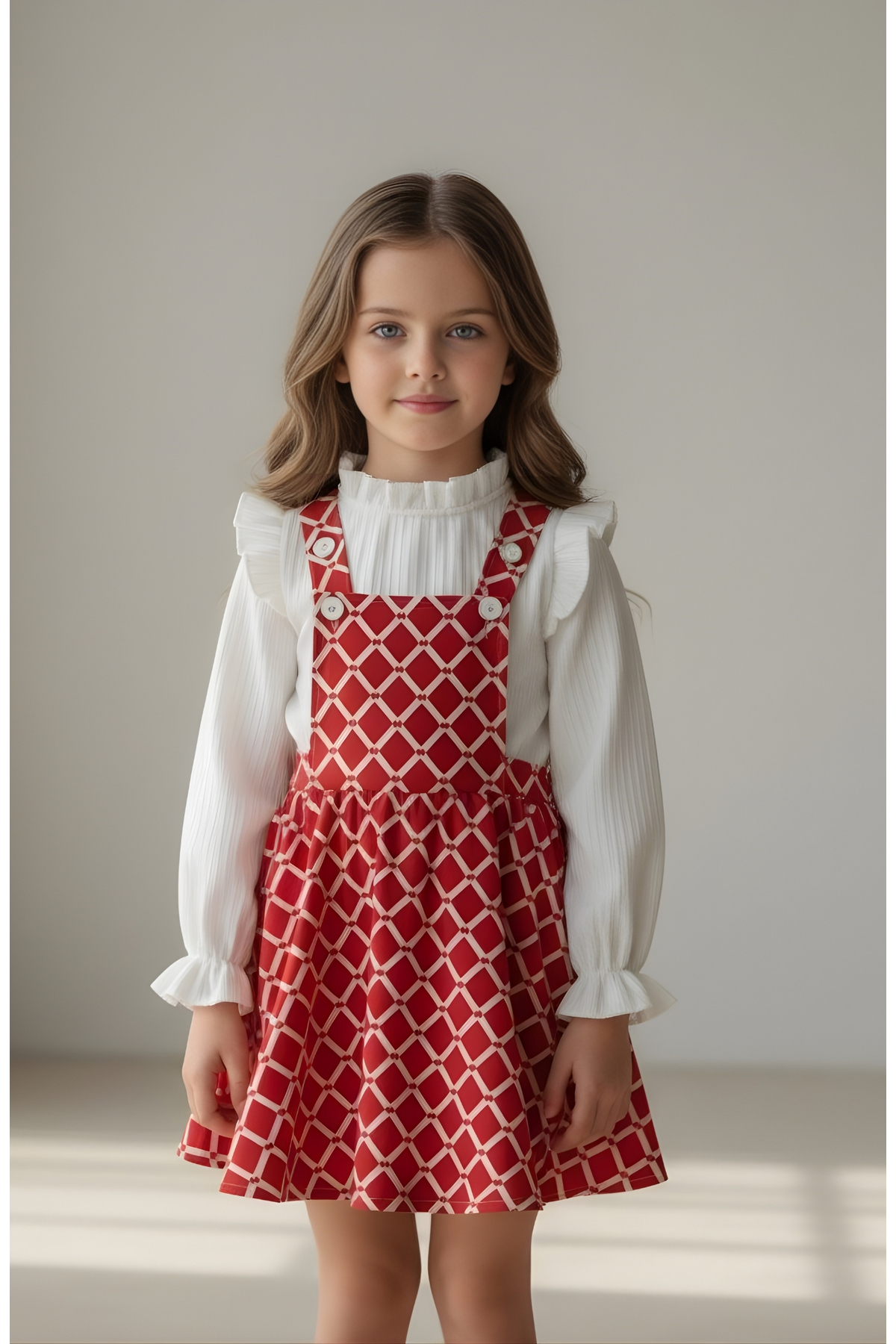 FESSHERA KİDS Kız Çocuk Baklava Desen Salopet Jile ve Fitilli Bluz Takım - Fırfırlı 2'li Alt Üst Set fotoğrafı 4 (önizleme)