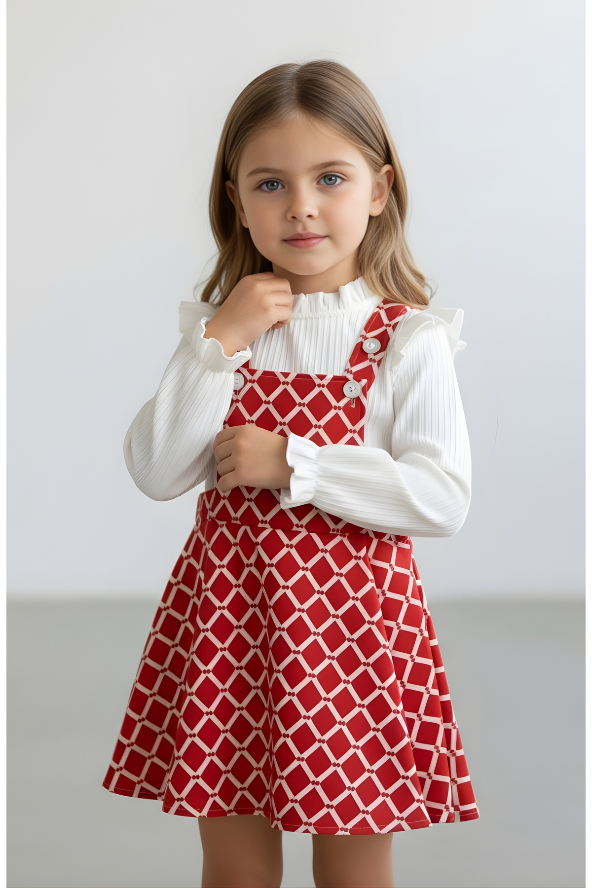 FESSHERA KİDS Kız Çocuk Baklava Desen Salopet Jile ve Fitilli Bluz Takım - Fırfırlı 2'li Alt Üst Set fotoğrafı 6 (önizleme)