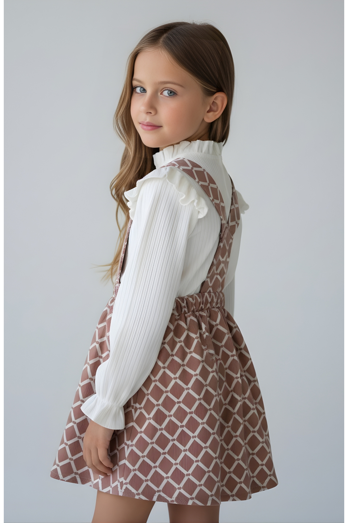 FESSHERA KİDS Kız Çocuk Baklava desen Salopet Jile ve Fitilli Bluz Takım - Fırfırlı 2'li Alt Üst Set fotoğrafı 3 (önizleme)