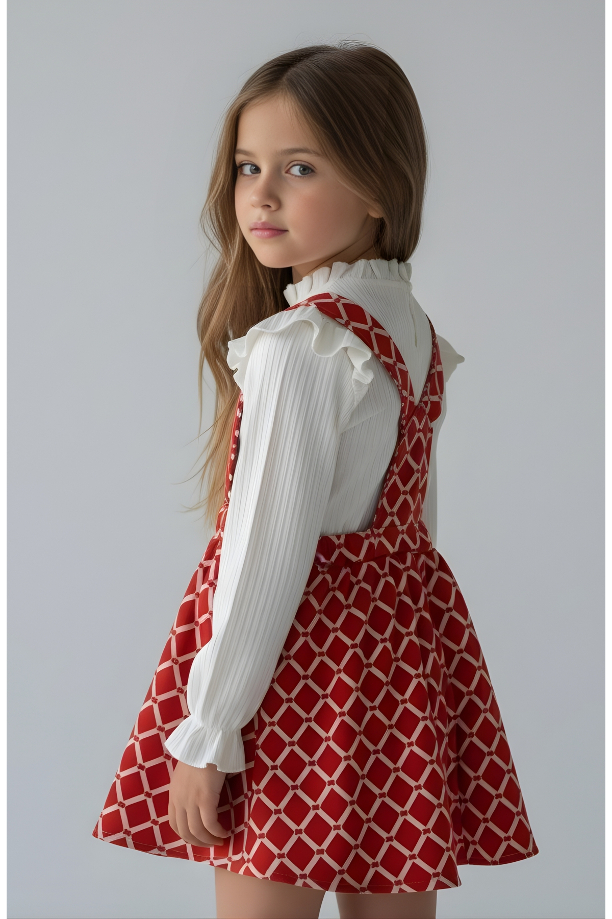 FESSHERA KİDS Kız Çocuk Baklava Desen Salopet Jile ve Fitilli Bluz Takım - Fırfırlı 2'li Alt Üst Set fotoğrafı 3 (önizleme)