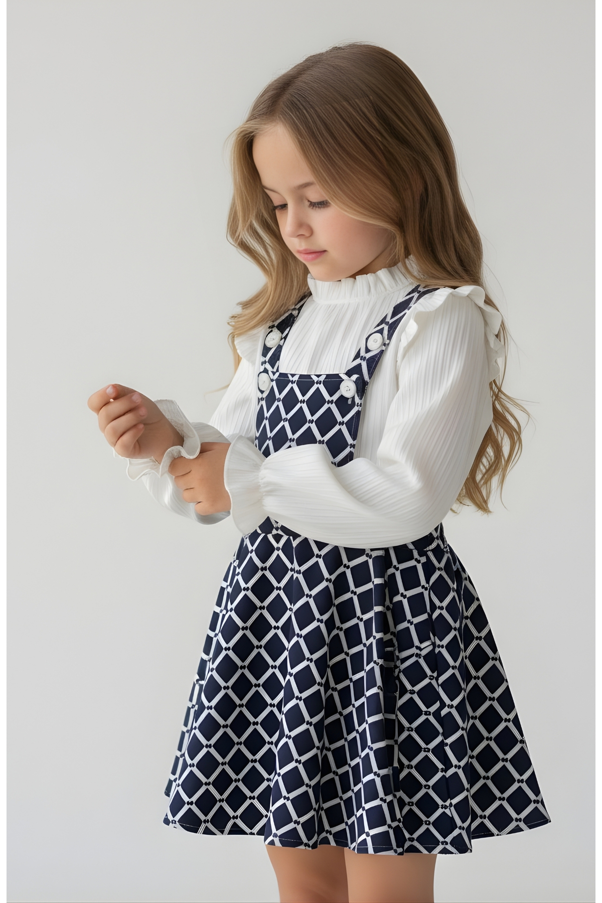 FESSHERA KİDS Kız Çocuk Baklava desen Salopet Jile ve Fitilli Bluz Takım - Fırfırlı 2'li Alt Üst Set fotoğrafı 6 (önizleme)