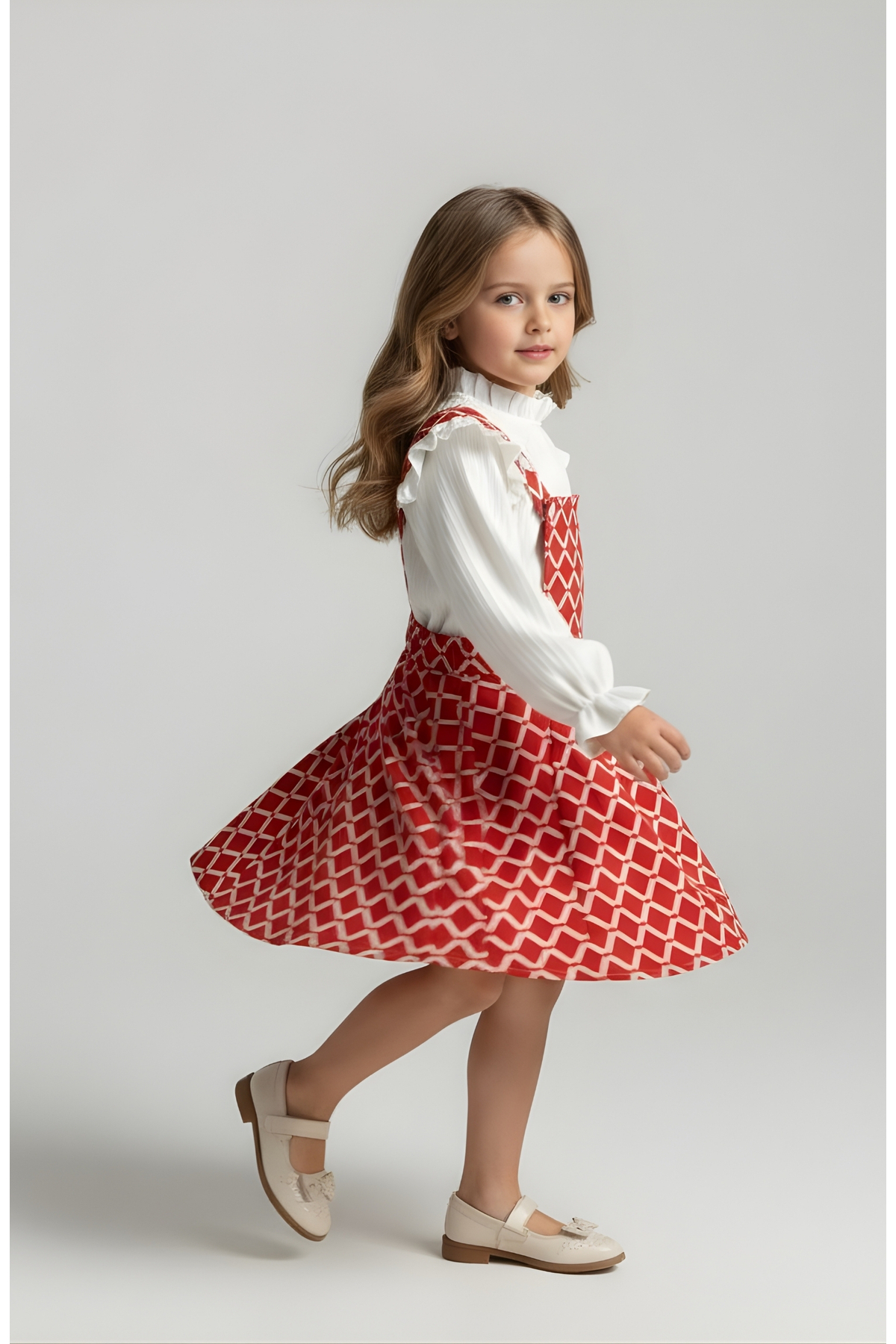 FESSHERA KİDS Kız Çocuk Baklava Desen Salopet Jile ve Fitilli Bluz Takım - Fırfırlı 2'li Alt Üst Set fotoğrafı 7 (önizleme)