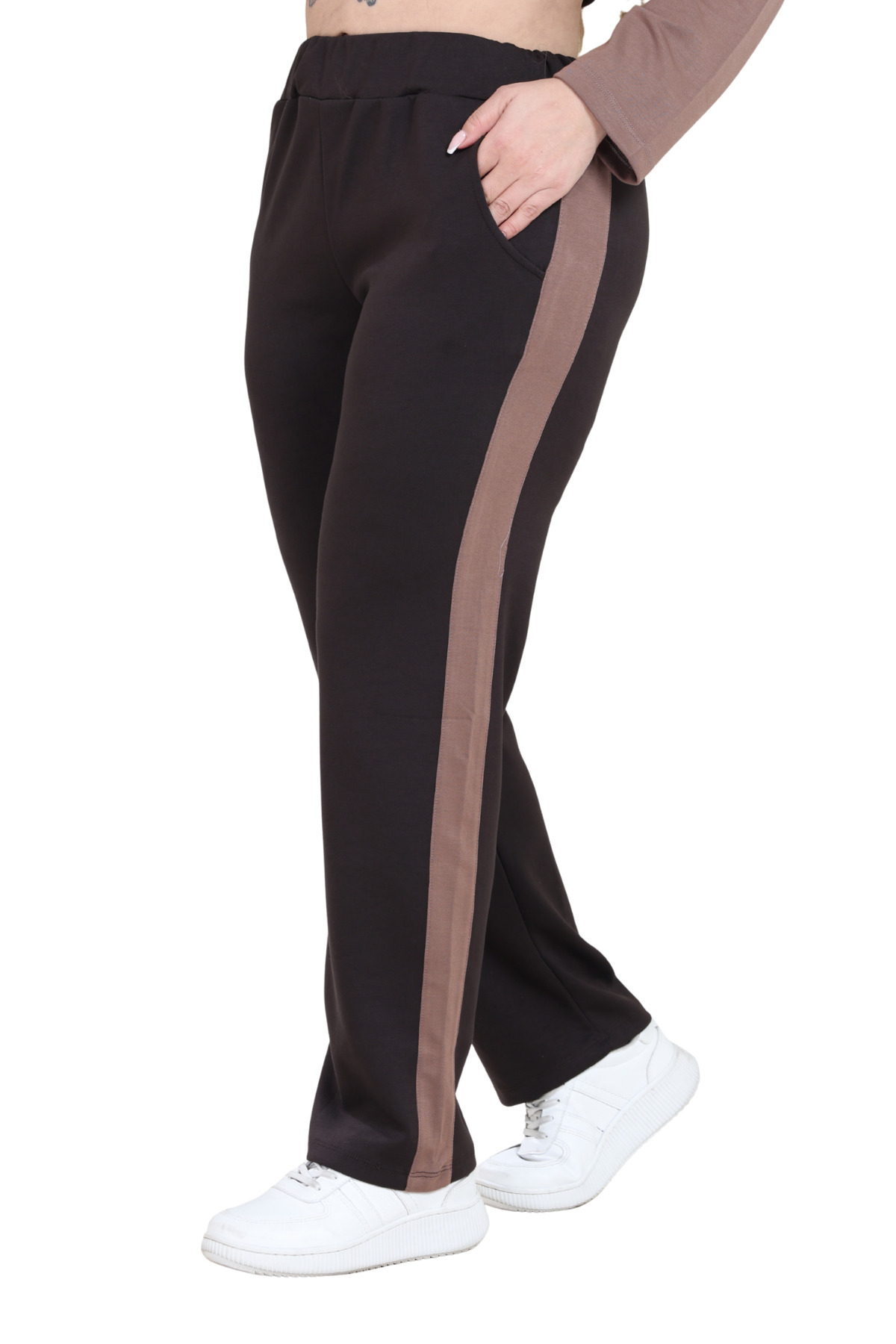 MELSAY  Kadın Büyük Beden Acıkahve-Vizon Renk Bloklu Modal Eşofman Takımı - Görsel 7