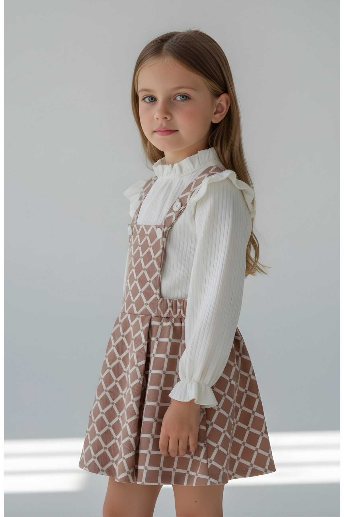 FESSHERA KİDS Kız Çocuk Baklava desen Salopet Jile ve Fitilli Bluz Takım - Fırfırlı 2'li Alt Üst Set fotoğrafı 2 (önizleme)