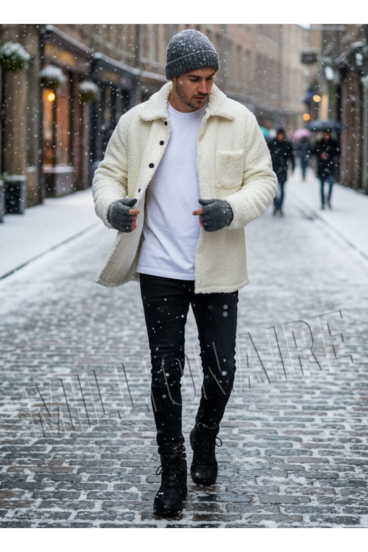 Millionaire  Erkek Ekru Beyaz Peluş Gömlek Yaka Modeli Düğmeli Ceket Hırka Mont Sweatshirt Polar - Görsel 3
