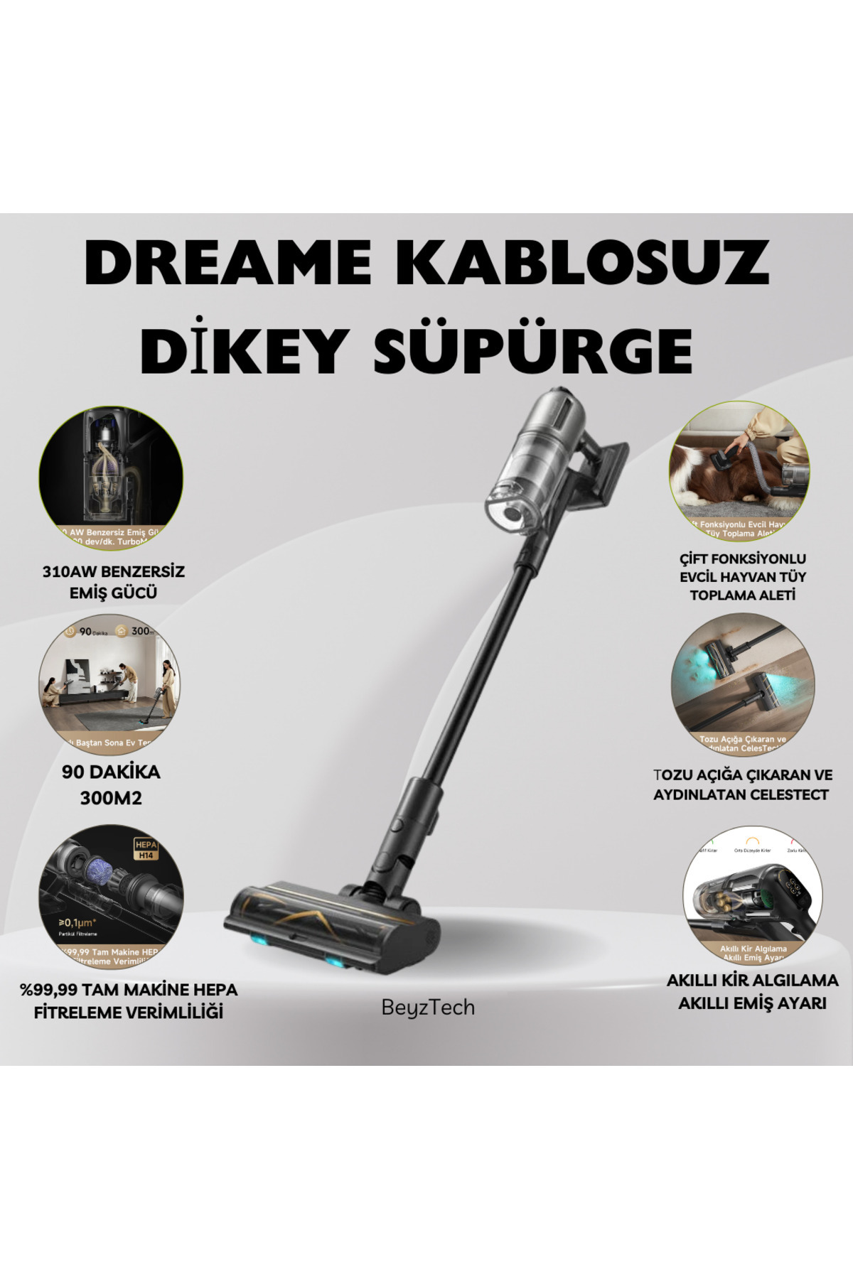 FUKA20素子C6ユニ白3黒2 Dreame Kablosuz Dikey Süpürge | 310AW Güç, Akıllı Toz Algılama