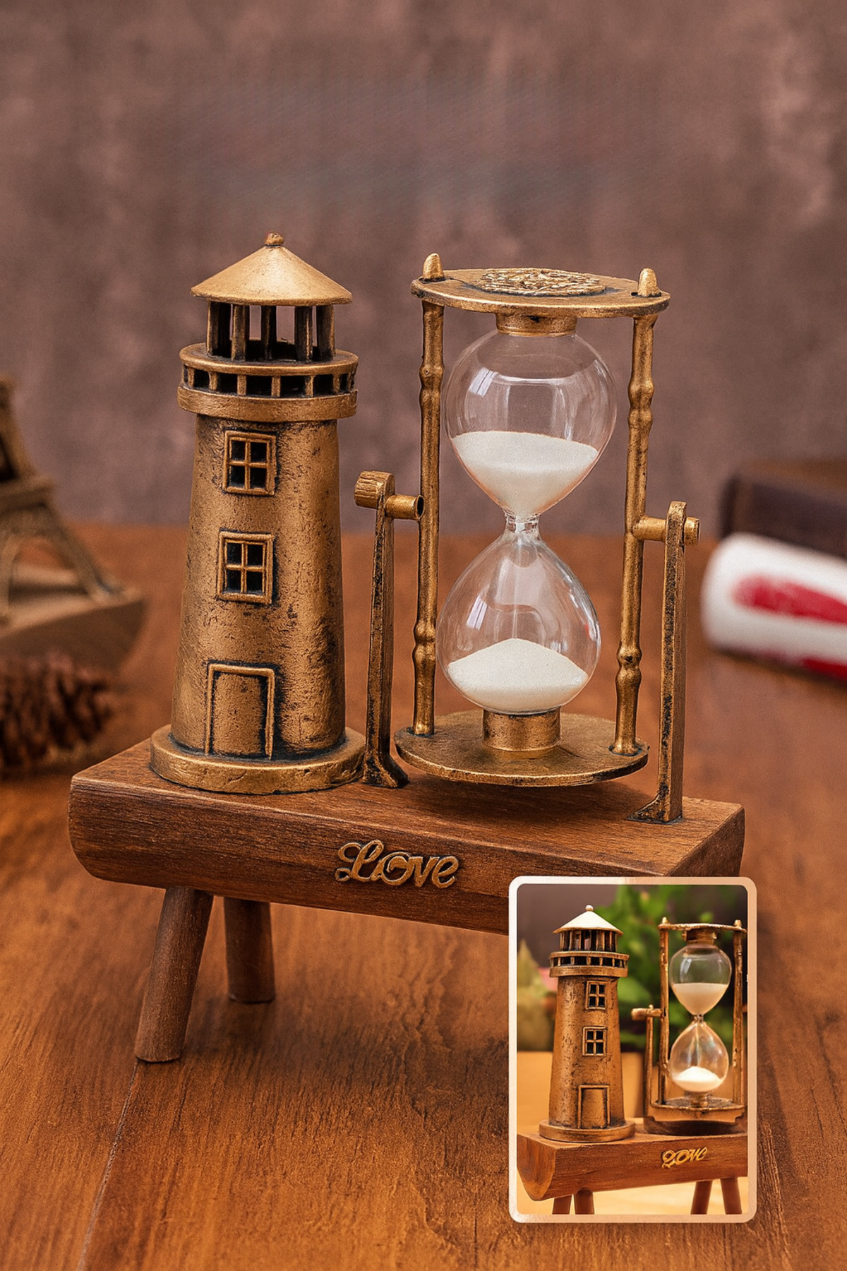 Eco Lounge Deniz Feneri Biblolu Dekoratif Kum Saati – Retro Ahşap Standlı Masa Üstü Süs Eşyası