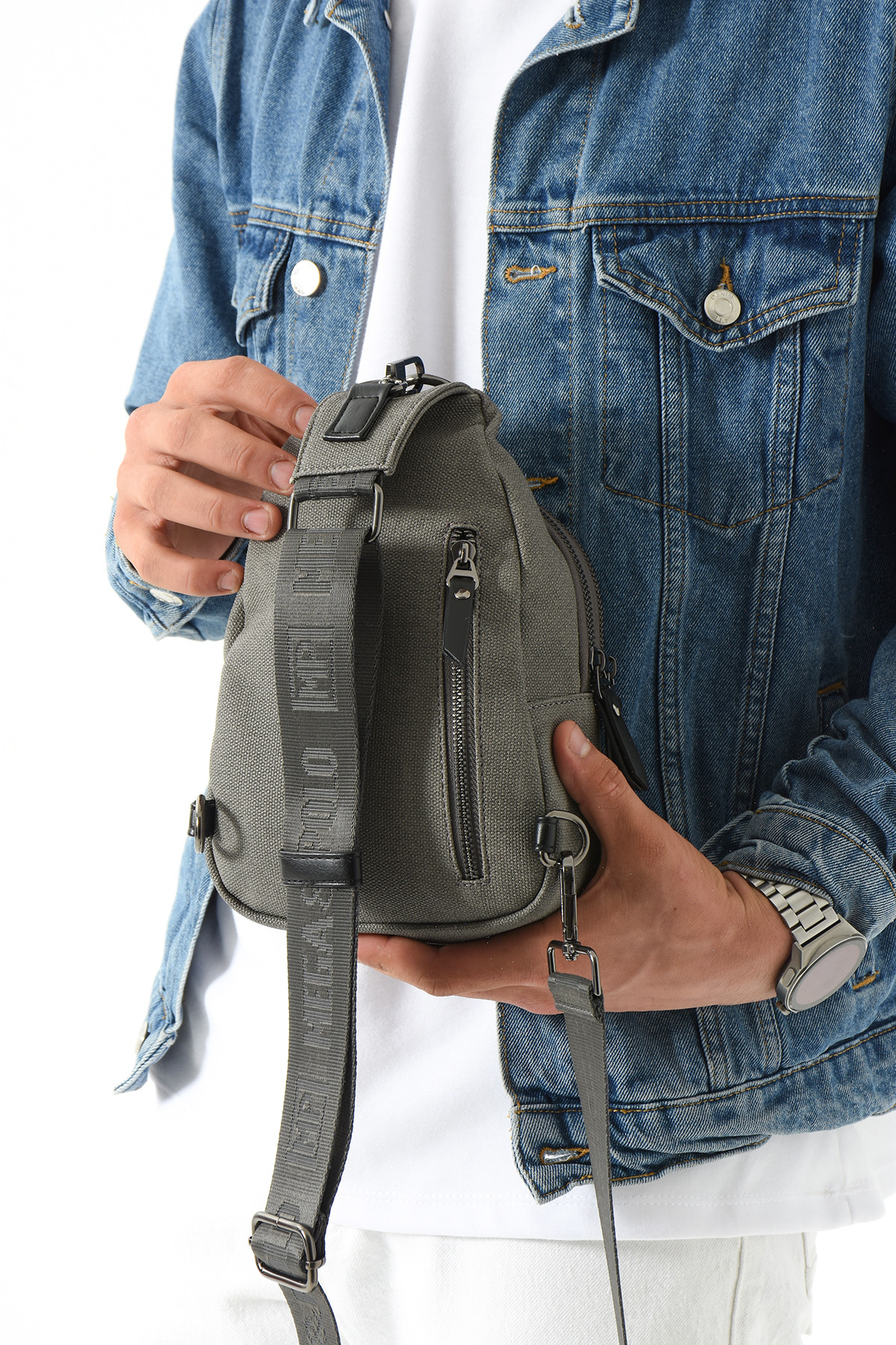 M 708 Kanvas Body Bag / Omuz Çantası Gri-Siyah