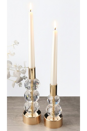 Jovi RİZON 2'li Şamdan Seti Gold Renk Şeffaf Kristal Görünümlü Dekoratif Meta...