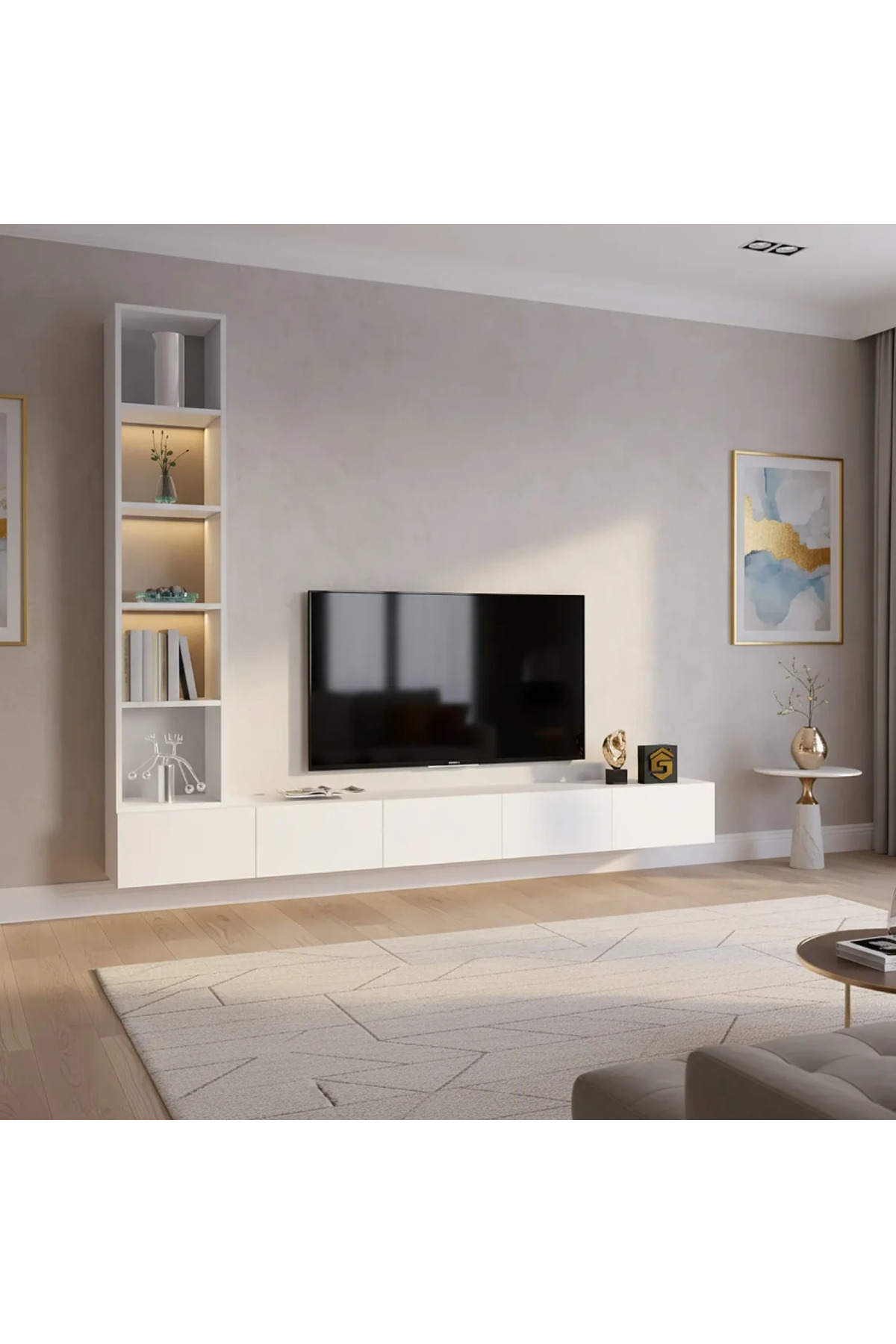 طاولة تلفزيون معلقة باللون الأبيض مع أرفف جانبية م...