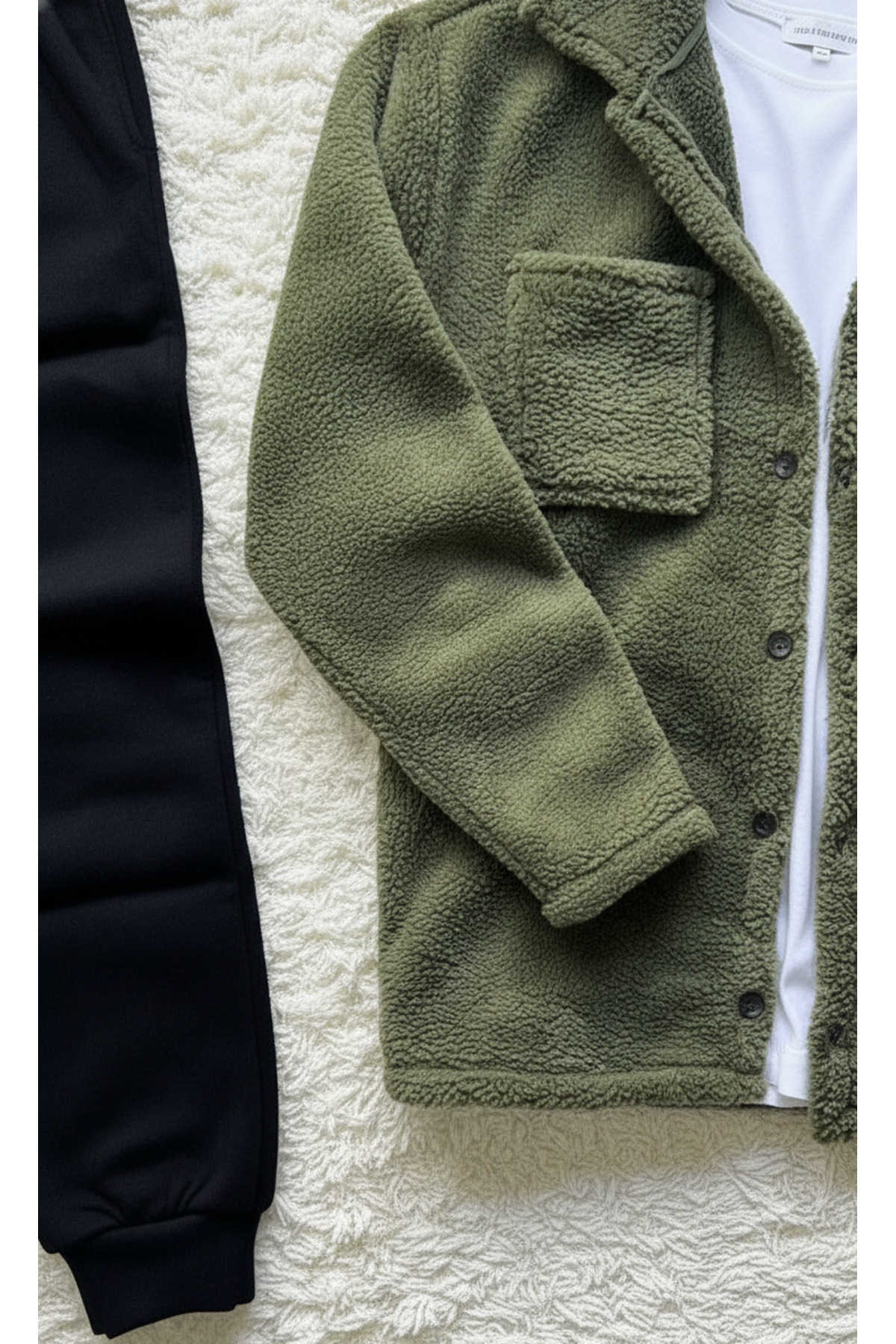 Trend, Erkek, Haki, Teddy Sherpa, Peluş, Polar, Ceket, Siyah, Jogger Eşofman Altı — خاکی Trend-Peluş-Eşofman Kombin — تصویر 3 از 3