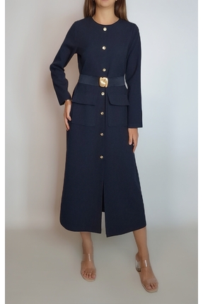 oyagüler Kadın Lacivert Gold Düğmeli Kemer Tokalı Yırtmaçlı Midi Elbise yy101296