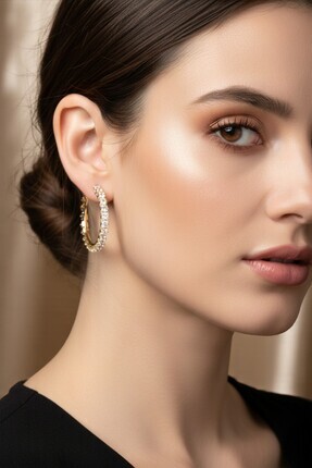 Lorivelle Paslanmaz Çelik Gold Renk Baget Taşlı Tam Tur Halka Küpe (Kararmaz ...