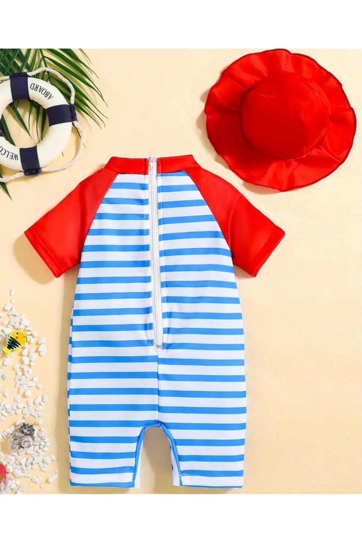 MODA Kırmızı yengeç desenli kısa kollu bebek mayo ve şapka seti. Esnek, rahat ve yaz için ideal. fotoğrafı 2 (önizleme)