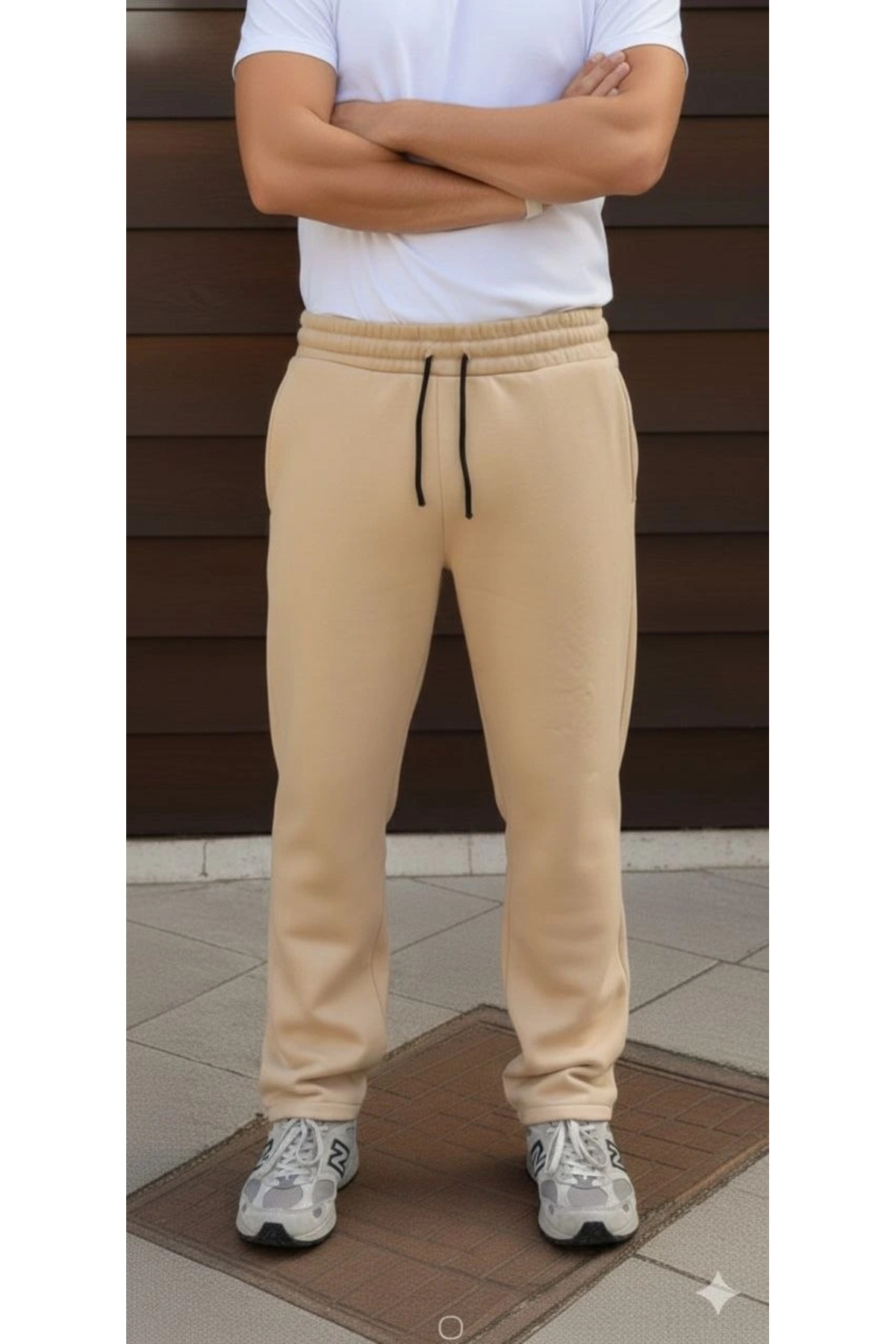 pilelistore Üç iplik Kışlık Pamuklu Ovarsize Bağcıklı Düz Paça Cepli Eşofman Altı Spor Rahat Model - Bej fotoğrafı 3 (önizleme)