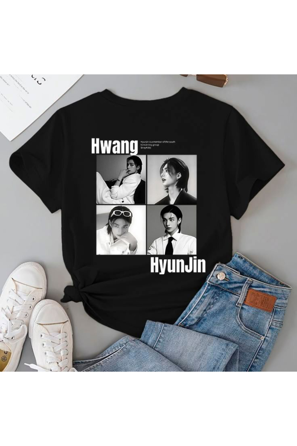 barsdepo HyunJin STRAY KIDS Baskılı Tişört, Oversize Unisex Tişört