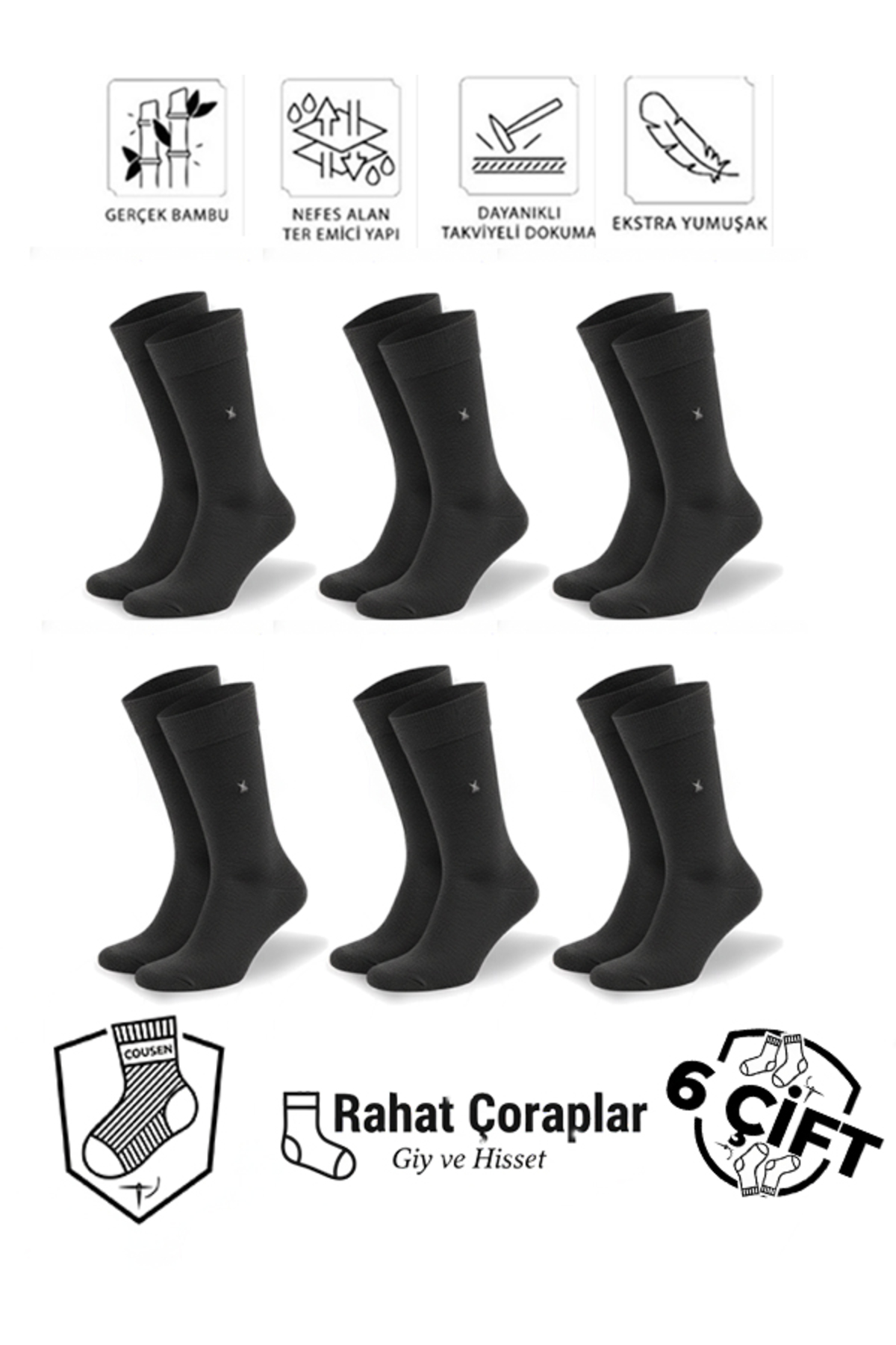 6-Piece Premium Men's Classic Long Bamboo Sock Assortment Set