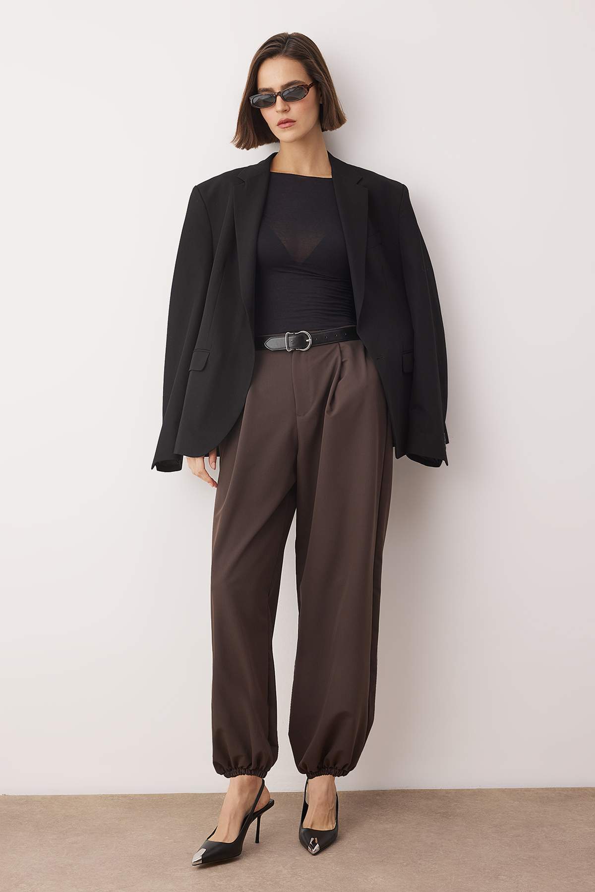 Trendyolmilla  Kahverengi Yüksek Bel Dokuma Şalvar Pantolon TWOAW26PL00169 - Görsel 2